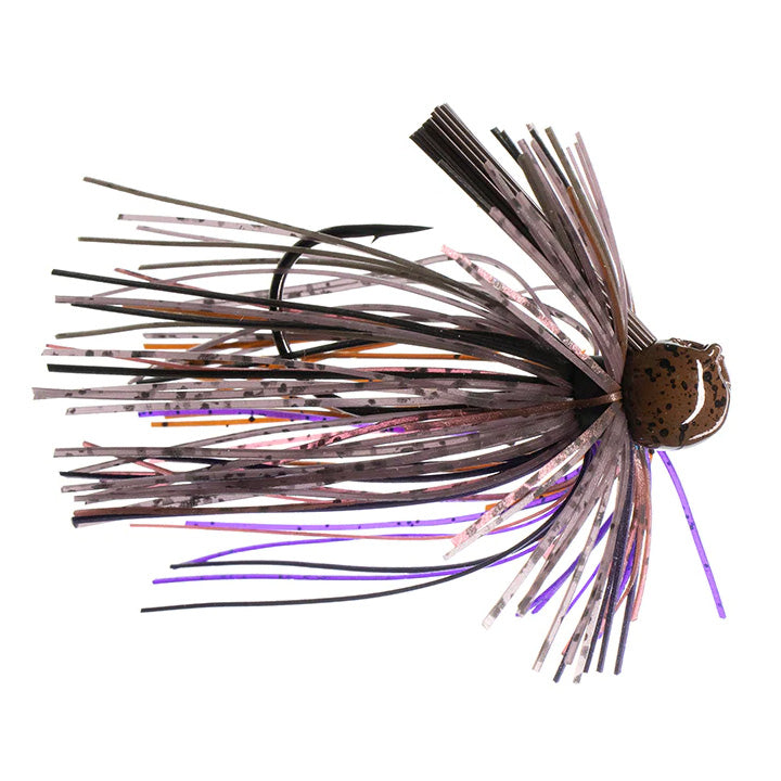 Dirty Jigs Luke Clausen Finesse Jig with a brown speckled head and a skirt of thin, flexible strands in brown, purple, and pink tones designed for fishing tackle use.