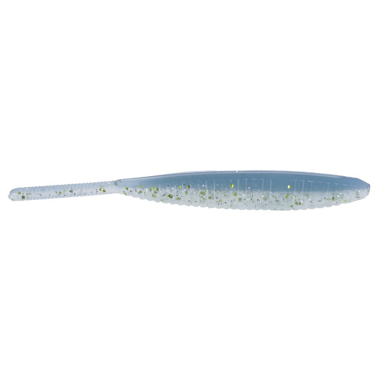 Yamamoto 5" Shad Shape Floater fishing lure in translucent blue with embedded silver and green glitter, designed for effective fishing tackle use.