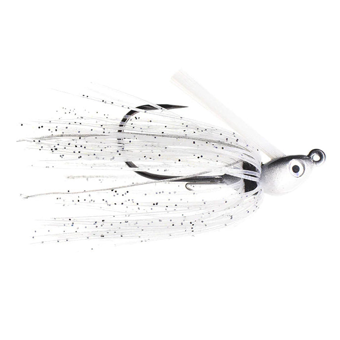 Dirty Jigs Compact Swim Jig in translucent white with black speckles, featuring a weighted jig head with a realistic eye and a weed guard, designed for fishing tackle.