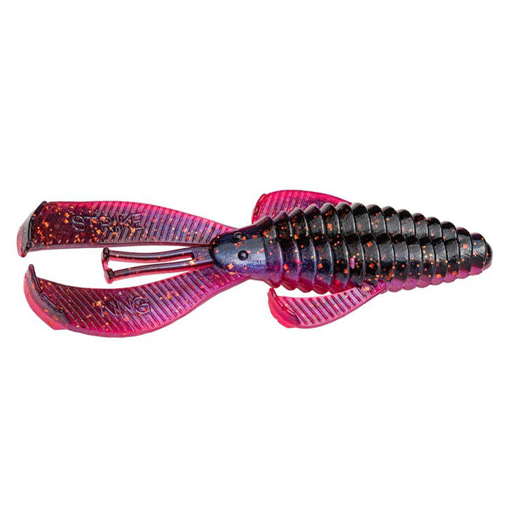 Strike King Rage Bug fishing lure with segmented body and claw-like appendages in translucent purple and black with red flecks, designed for freshwater fishing tackle.