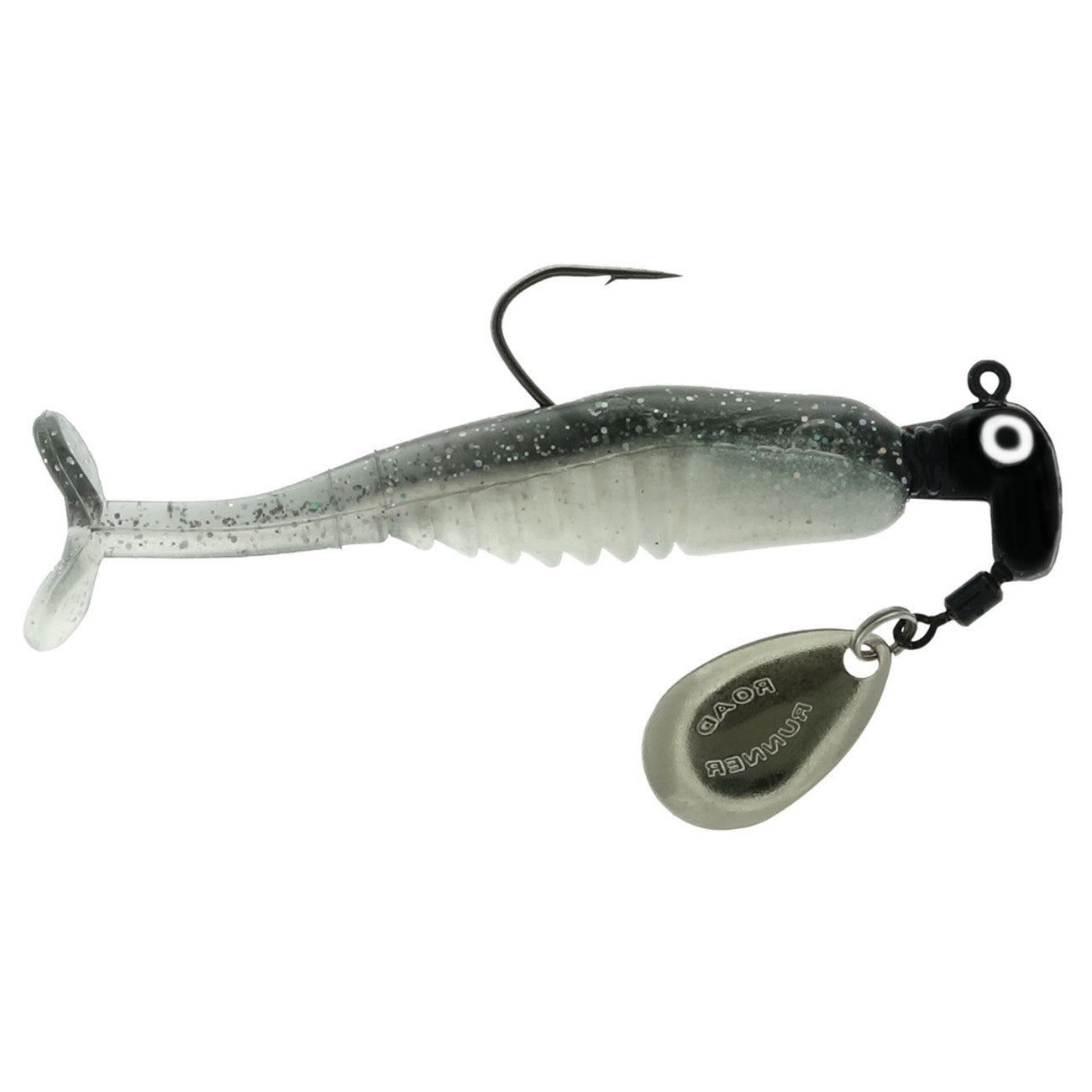 Blakemore Road Runner Crappie X-Tractor fishing lure in translucent gray with ribbed body, paddle tail, single hook, and attached silver spinner blade for enticing crappie fish.