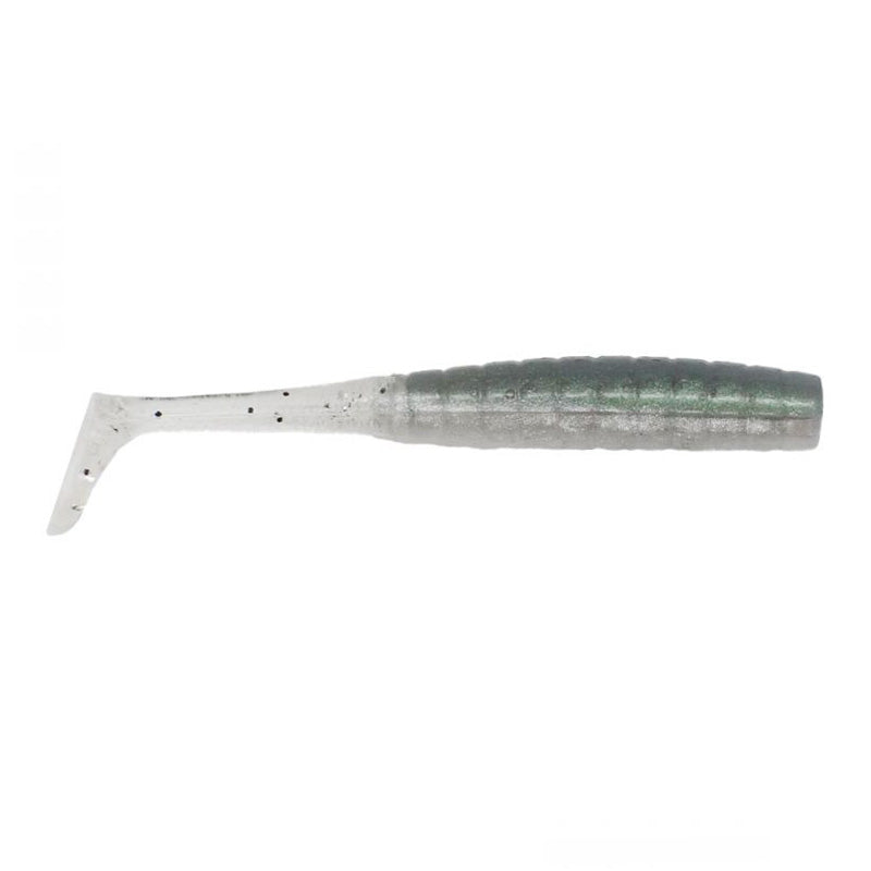 Crappie Magnet Tiny Dancer soft plastic fishing lure with a slender segmented body and paddle tail in translucent silver-gray with black speckles, designed for fishing tackle use.