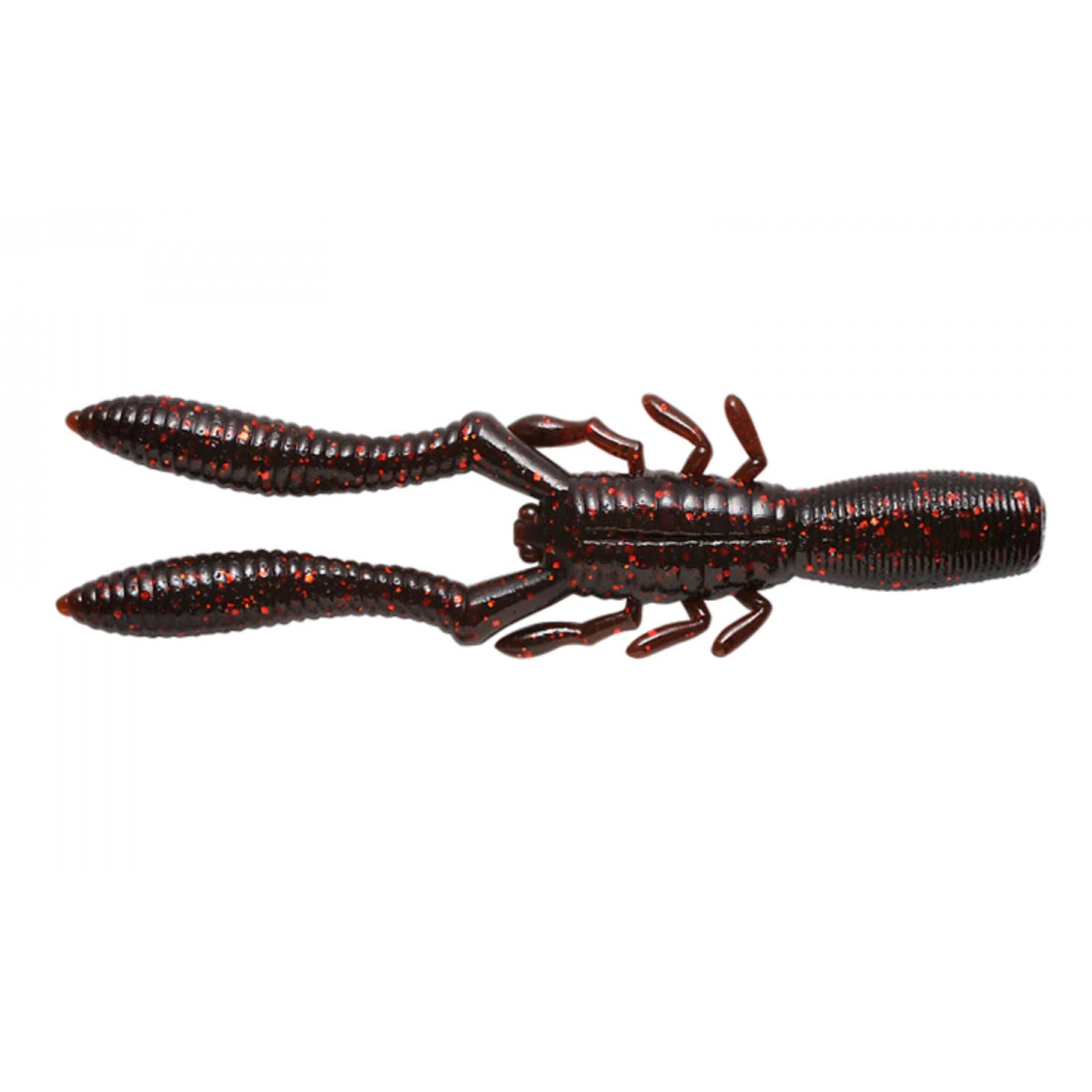 Megabass Bottle Shrimp fishing lure designed to mimic a crawfish with detailed claws and legs, featuring a dark body with red speckles for realistic fishing tackle use.