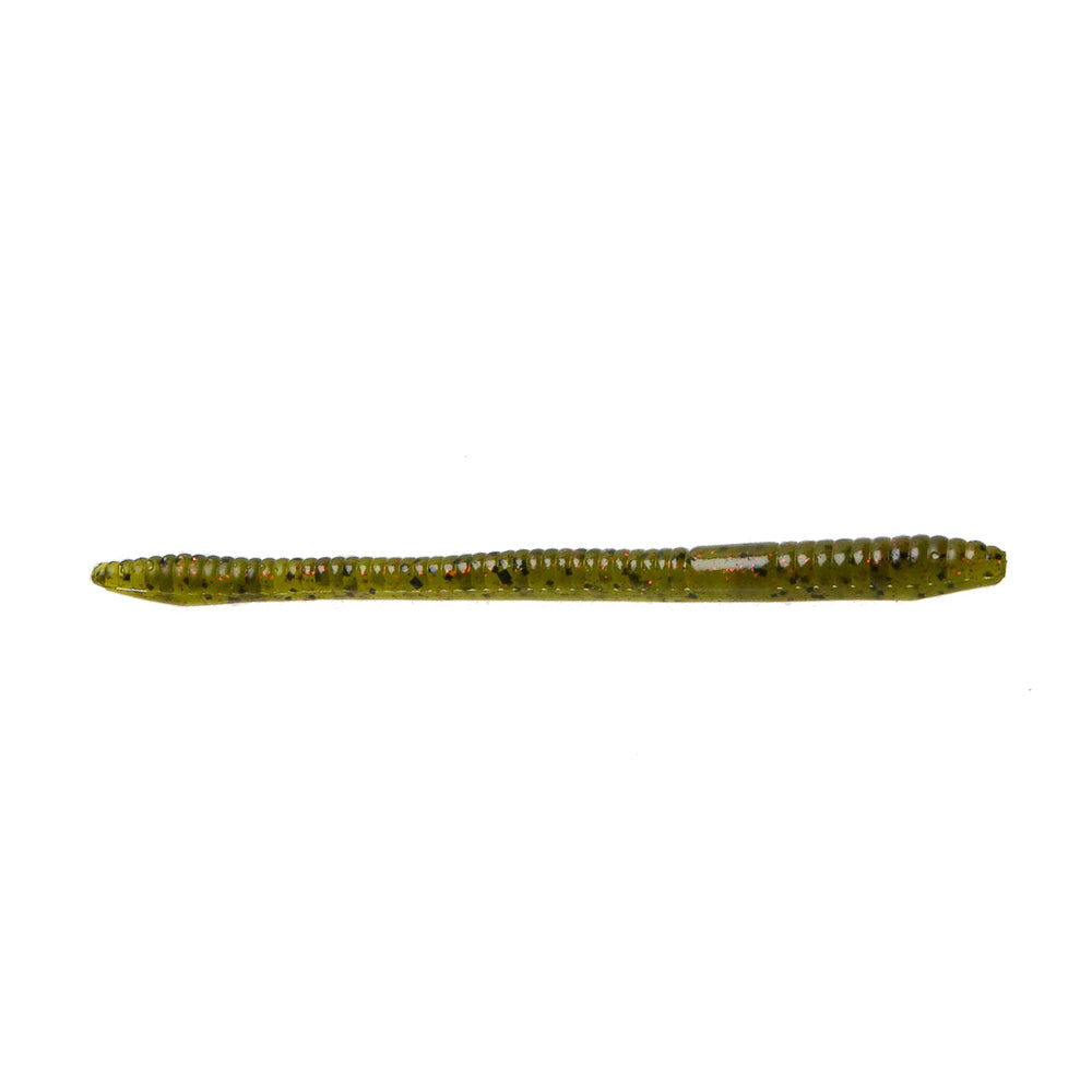 Zoom Finesse Worm fishing lure in a translucent green color with black and red flecks, designed for precision fishing tackle use.