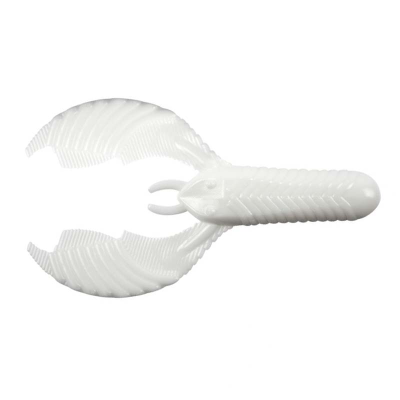 Yum Craw Chunk soft plastic fishing lure in white, designed to imitate a crawfish with ribbed claws and segmented body for lifelike movement in water.