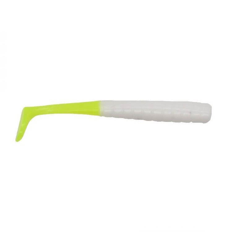 Crappie Magnet Tiny Dancer fishing lure in white and chartreuse, featuring a soft plastic body with a paddle tail designed for realistic movement in water.