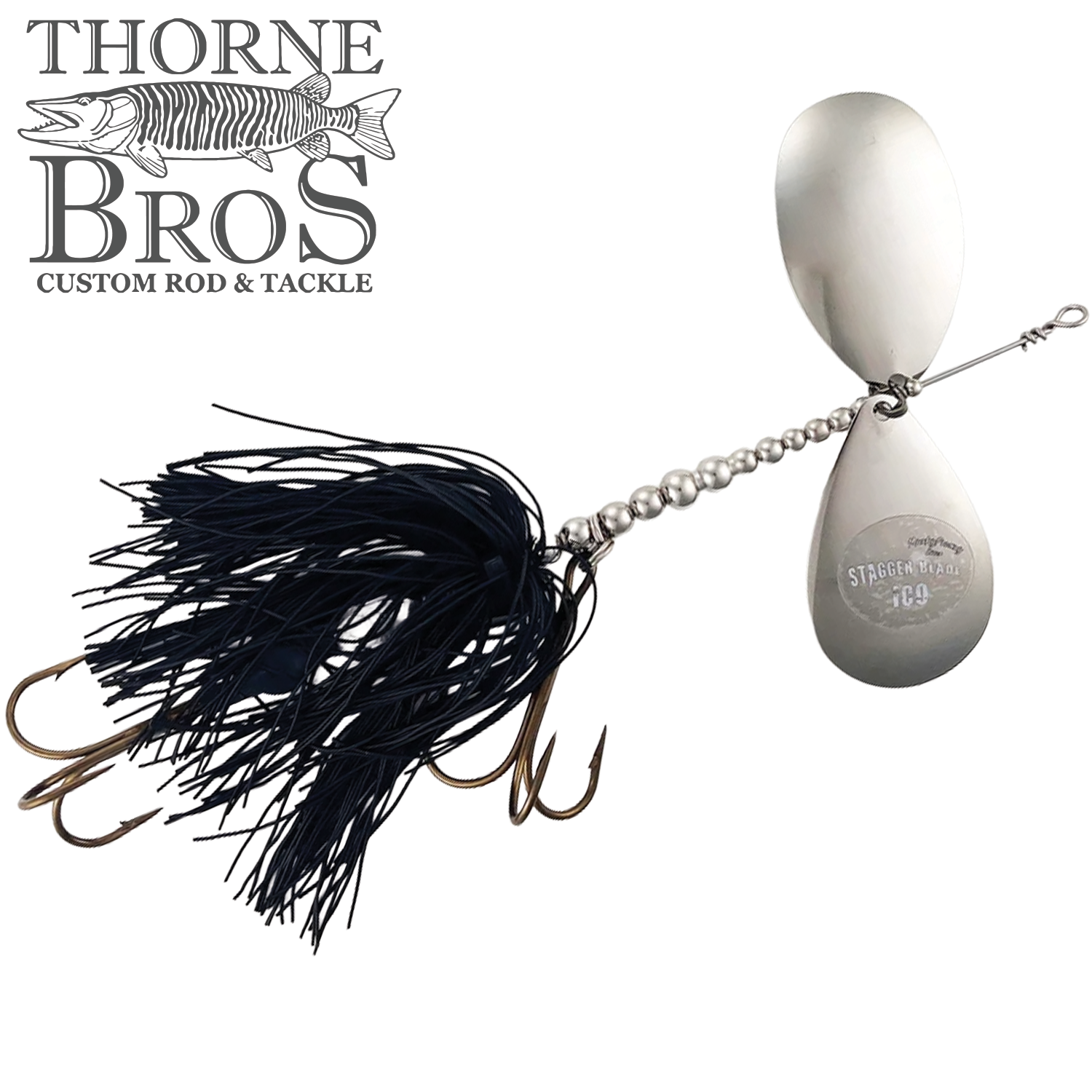 Musky Frenzy Apache Stag IC9 fishing lure featuring dual silver spinner blades, black skirt, and triple hooks designed for musky fishing, offered by Thorne Bros.