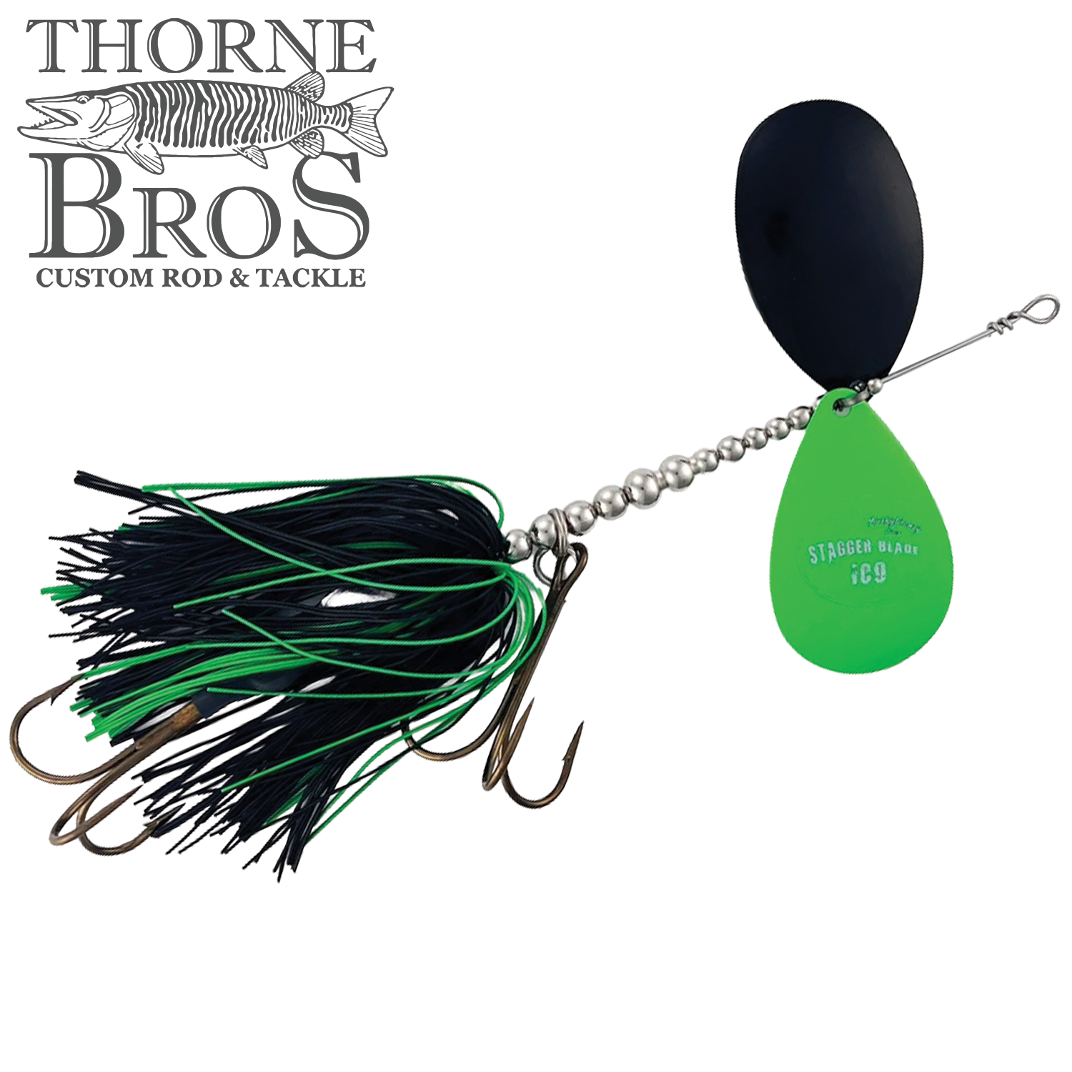 Musky Frenzy Apache Stag IC9 fishing lure featuring black and green skirt, silver bead chain, and two spinning blades, designed for musky fishing.