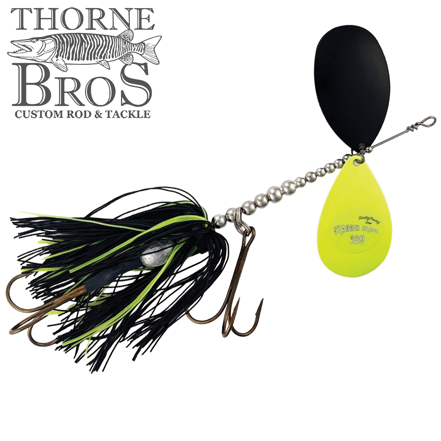 Musky Frenzy Apache Stag IC9 fishing lure featuring a black and chartreuse skirt, silver beads, and dual spinner blades in black and chartreuse for musky fishing tackle.