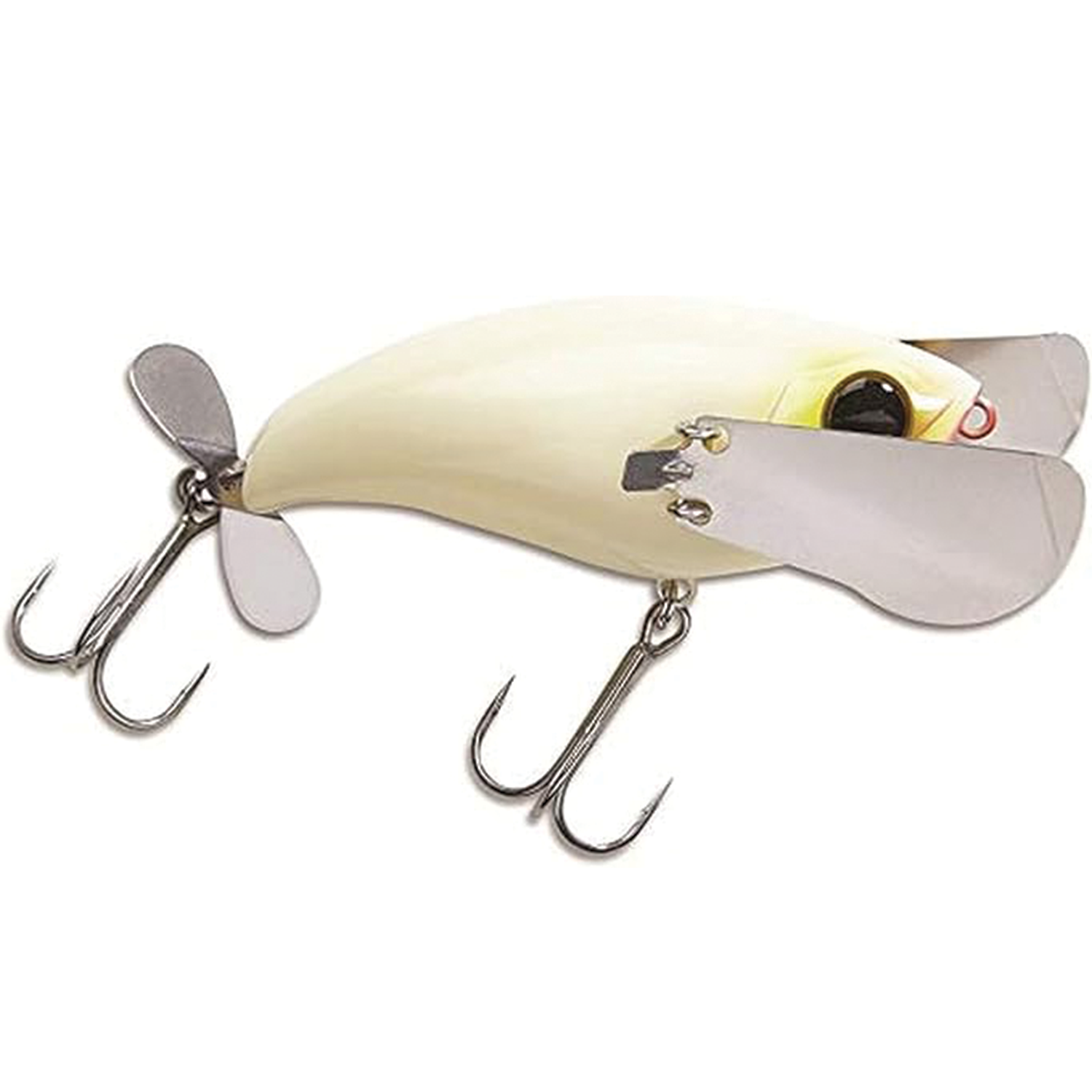 Jackall Pompadour fishing lure in cream color with two metal propellers and dual treble hooks designed for attracting musky and other game fish.