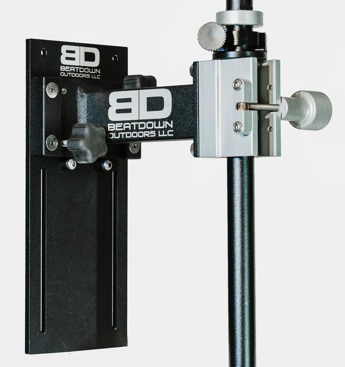 Beatdown Outdoors Pontoon - Fixed Transducer Pole SKU:TPOLE-FIXED-AT-PONTOON featuring a black adjustable mounting bracket and pole with secure locking knobs for fishing tackle and marine electronics use.