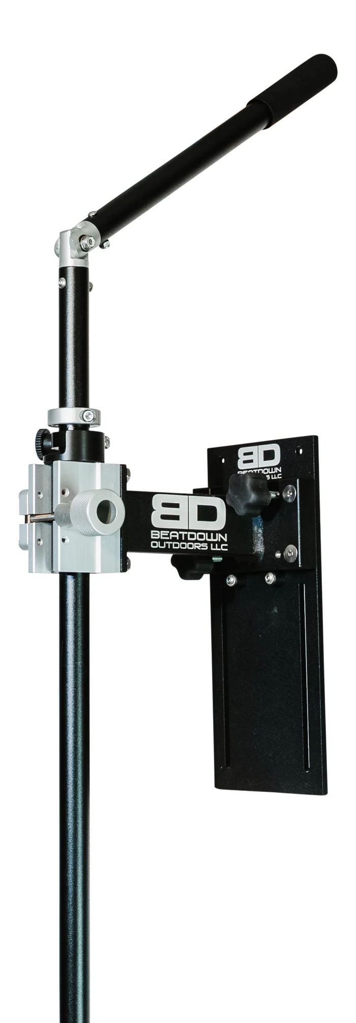 Beatdown Outdoors Pontoon - Fixed Transducer Pole SKU:TPOLE-FIXED-AT-PONTOON is a black adjustable metal pole with a cushioned grip handle and mounting bracket designed for secure attachment of marine electronics like transducers.