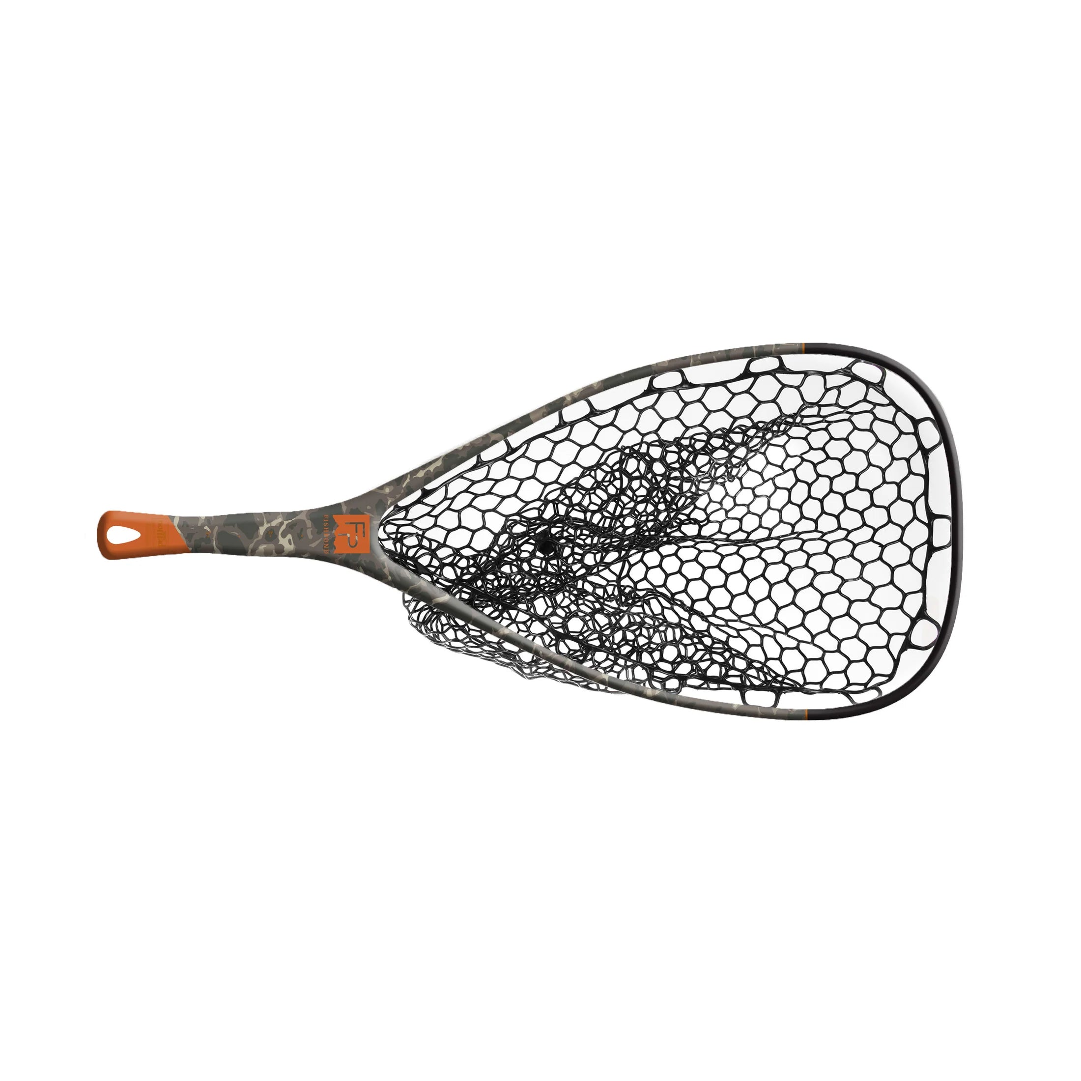 Fishpond Yampa Hand Net 2.0 with camo-patterned handle and frame, featuring a black rubberized mesh net designed for fishing tackle use.