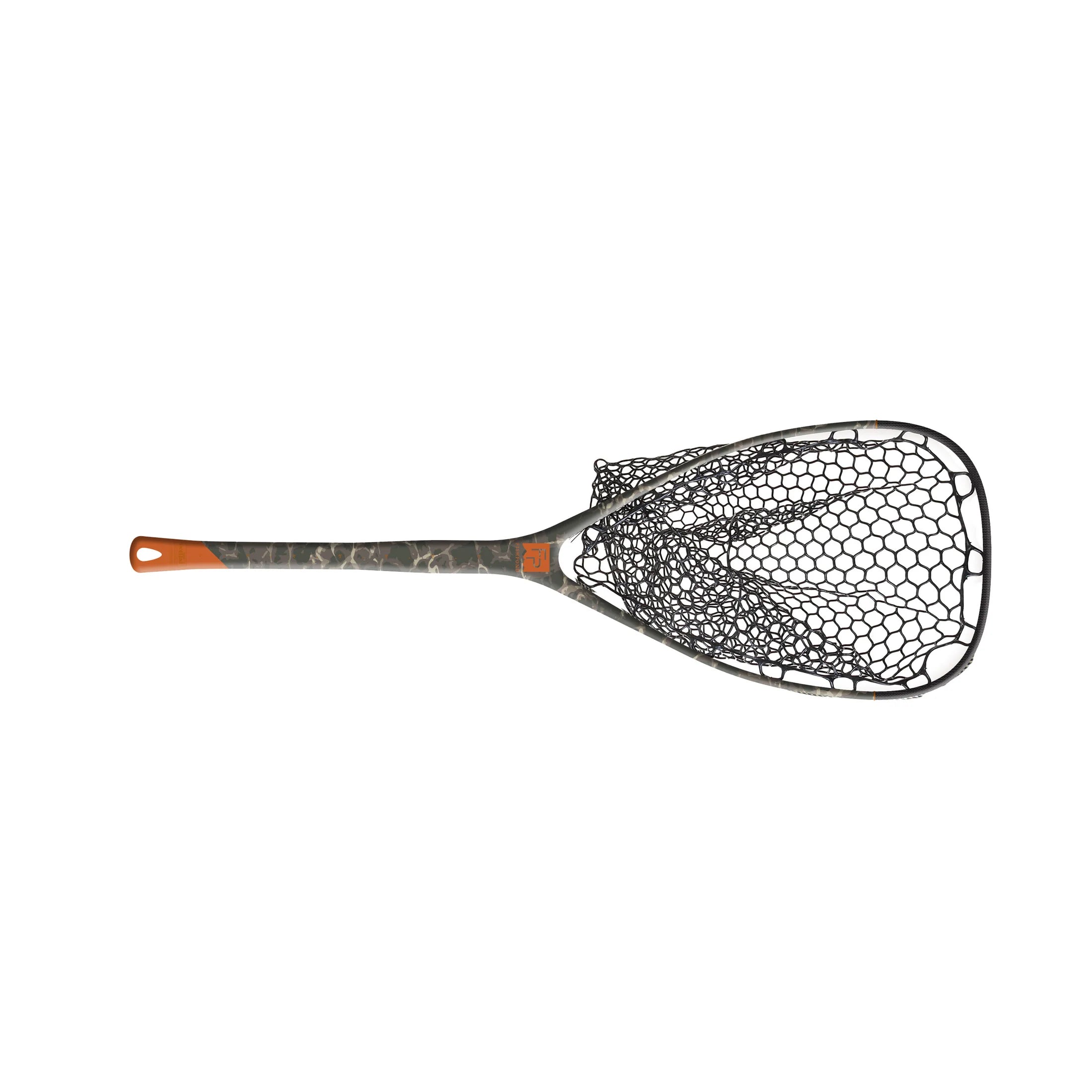 Fishpond Middle Fork Net 2.0 with a camo-patterned handle and black rubberized netting, designed for durable and efficient catch-and-release fishing.