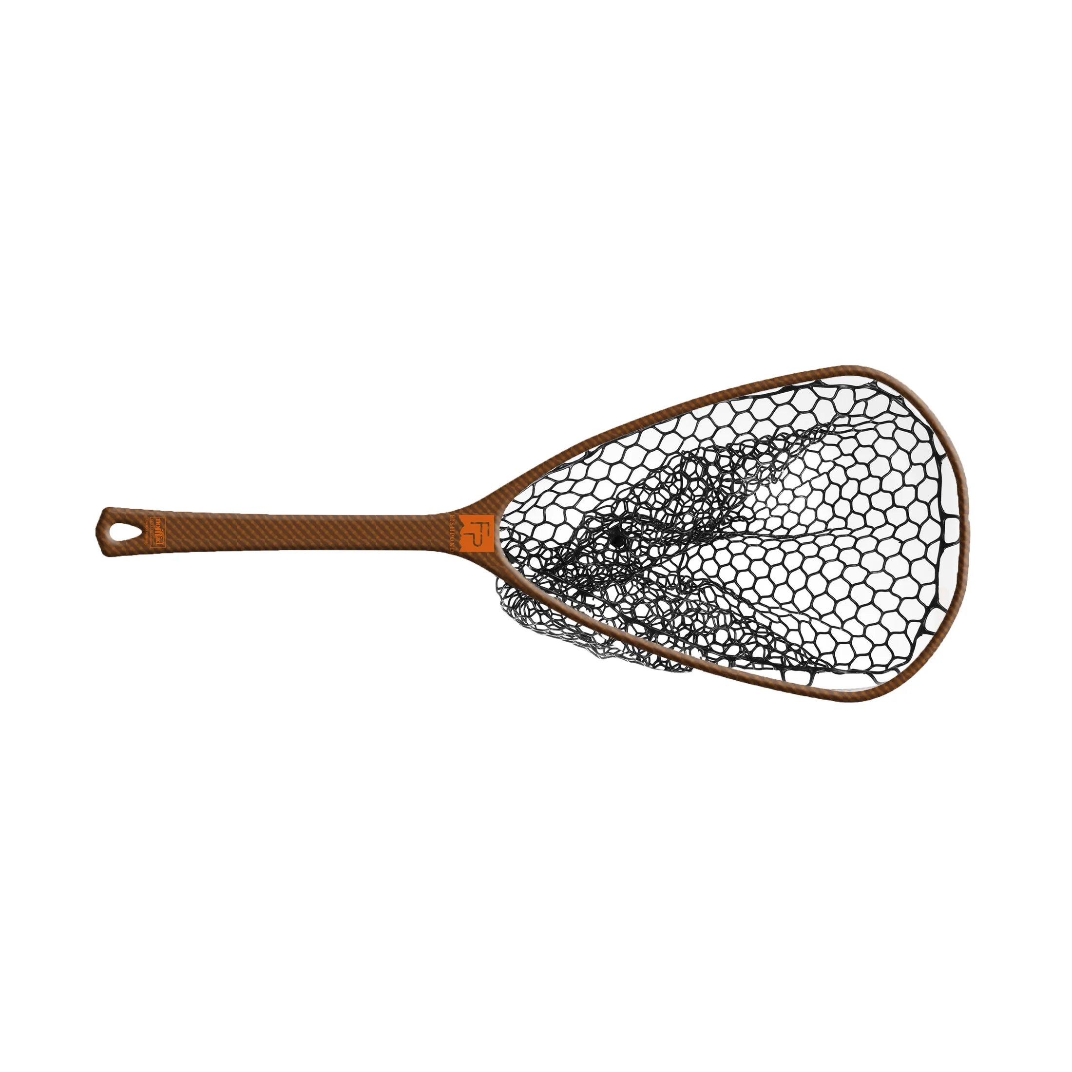 Fishpond Canyon Net 2.0 with a wooden handle and black rubberized mesh net designed for durable and gentle fish handling during fishing activities.