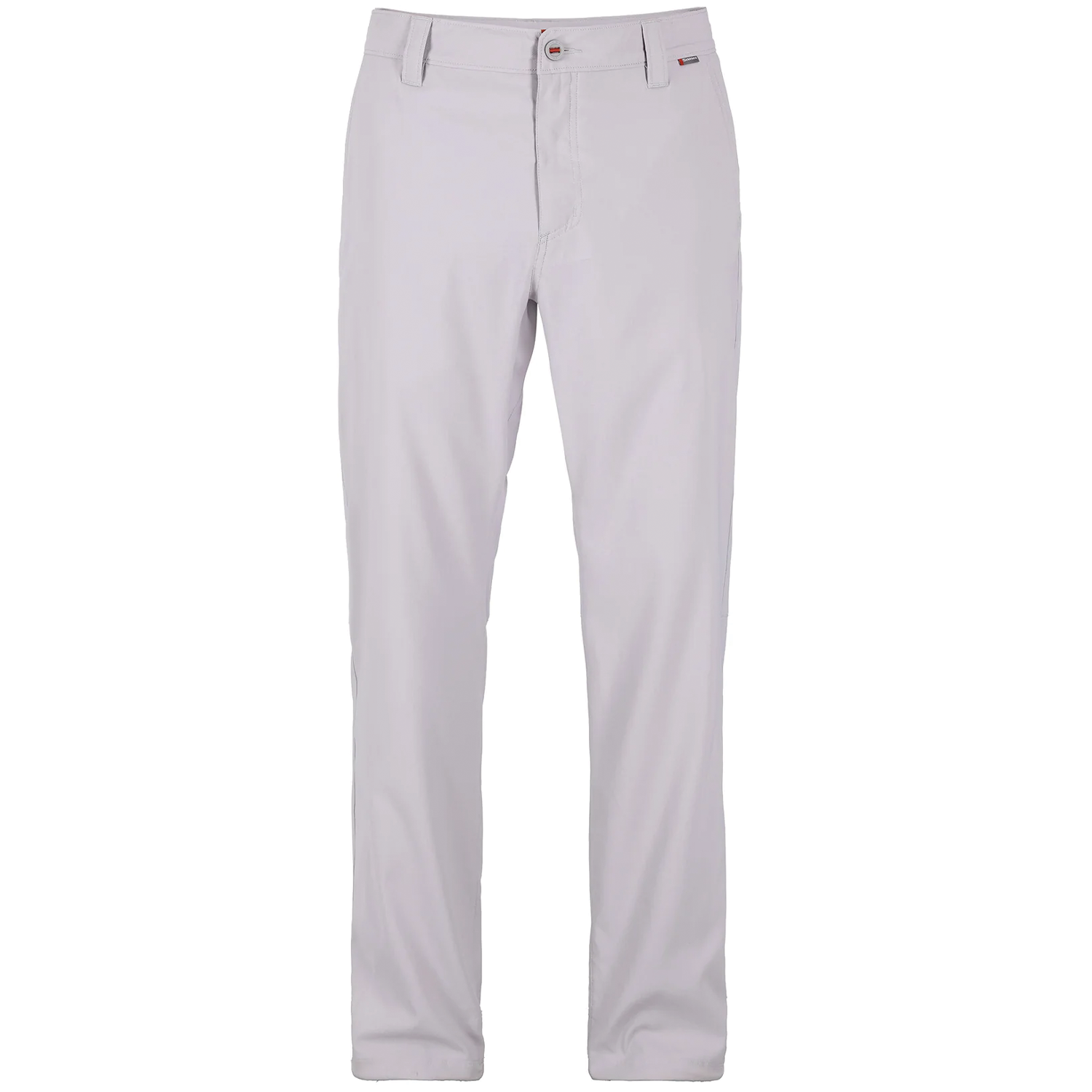Simms Superlight Pants (NEW 2026) displayed in light grey, featuring a slim fit design, belt loops, front button closure, and tailored for fishing and outdoor activities.