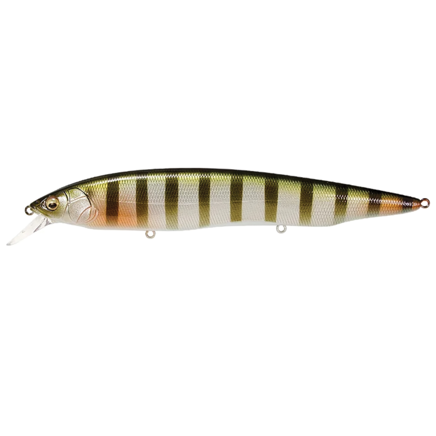 Megabass Kanata fishing lure with a slender body, realistic striped pattern in green, beige, and orange tones, designed for freshwater fishing tackle.