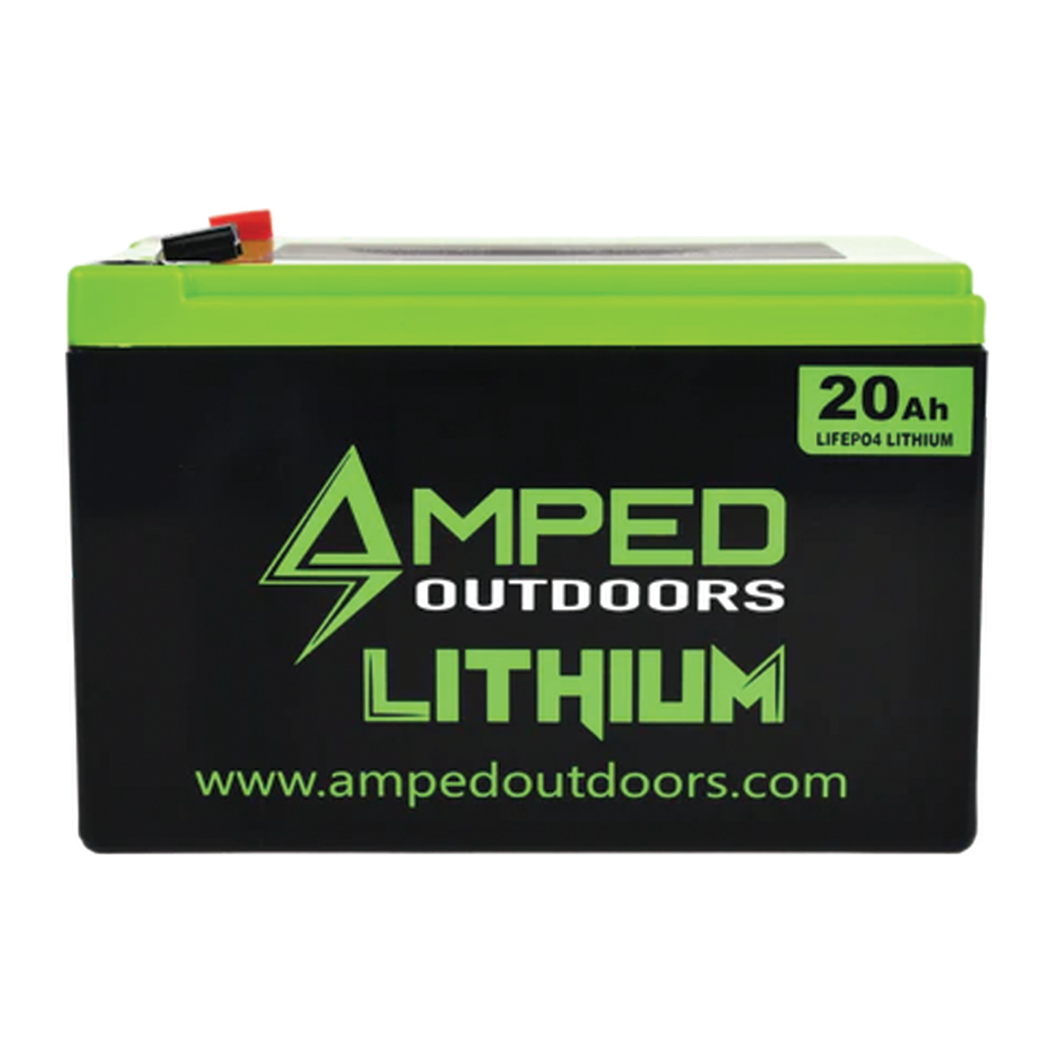 Amped Outdoors (LiFePO4) Lithium Batteries - Battery Only in black and green casing with 20Ah capacity label, designed for reliable power in outdoor and fishing electronics.