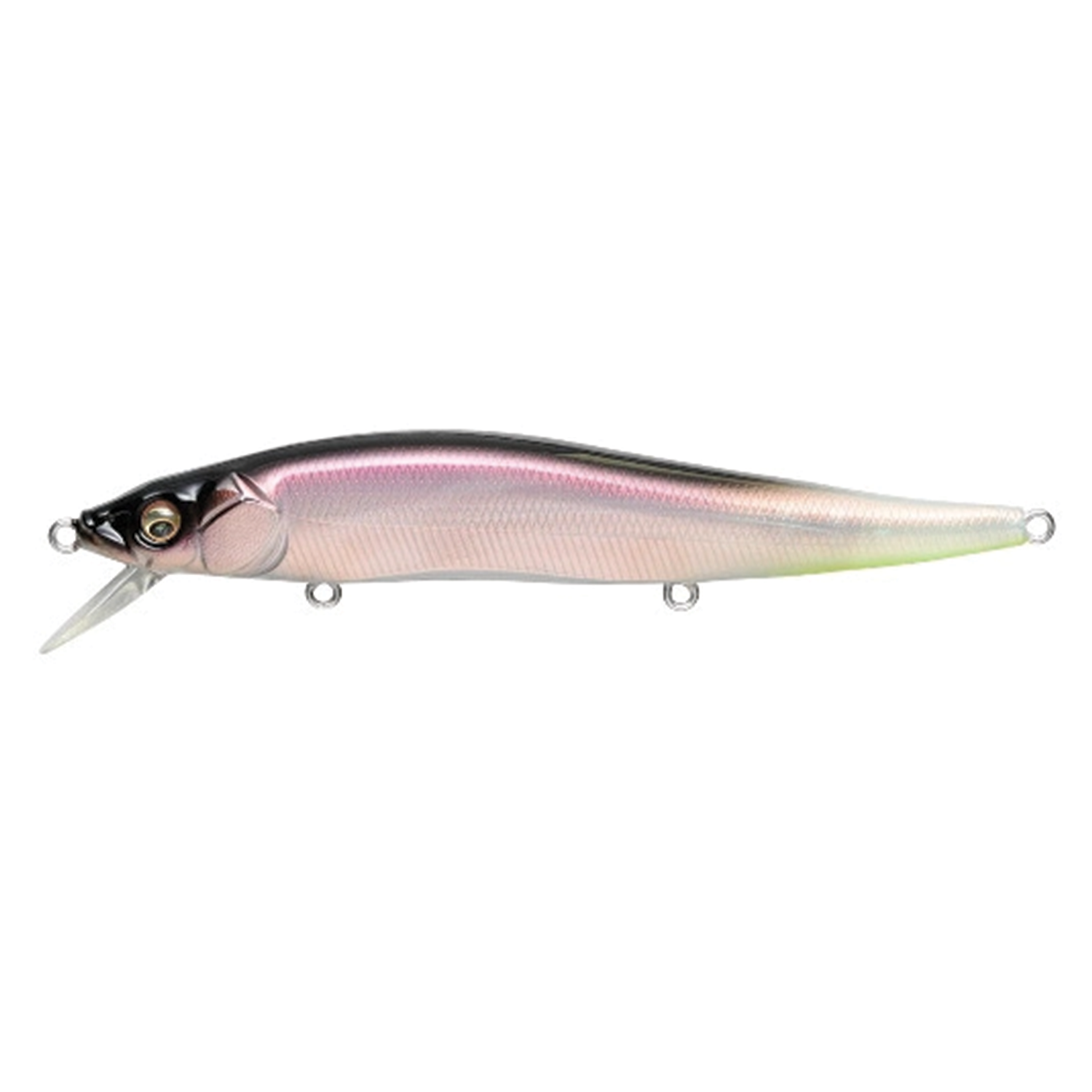 Megabass Vision 110 fishing lure with a sleek, elongated body in iridescent pink and silver tones, featuring lifelike eyes and a small diving lip for realistic underwater movement.