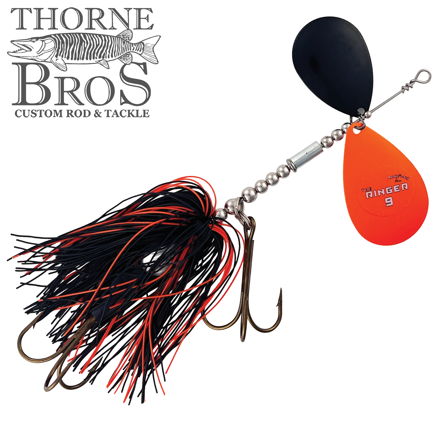 Musky Frenzy The Ringer 9 spinnerbait with black and red skirt, dual spinning blades in black and orange, and sharp treble hook for fishing tackle enthusiasts.