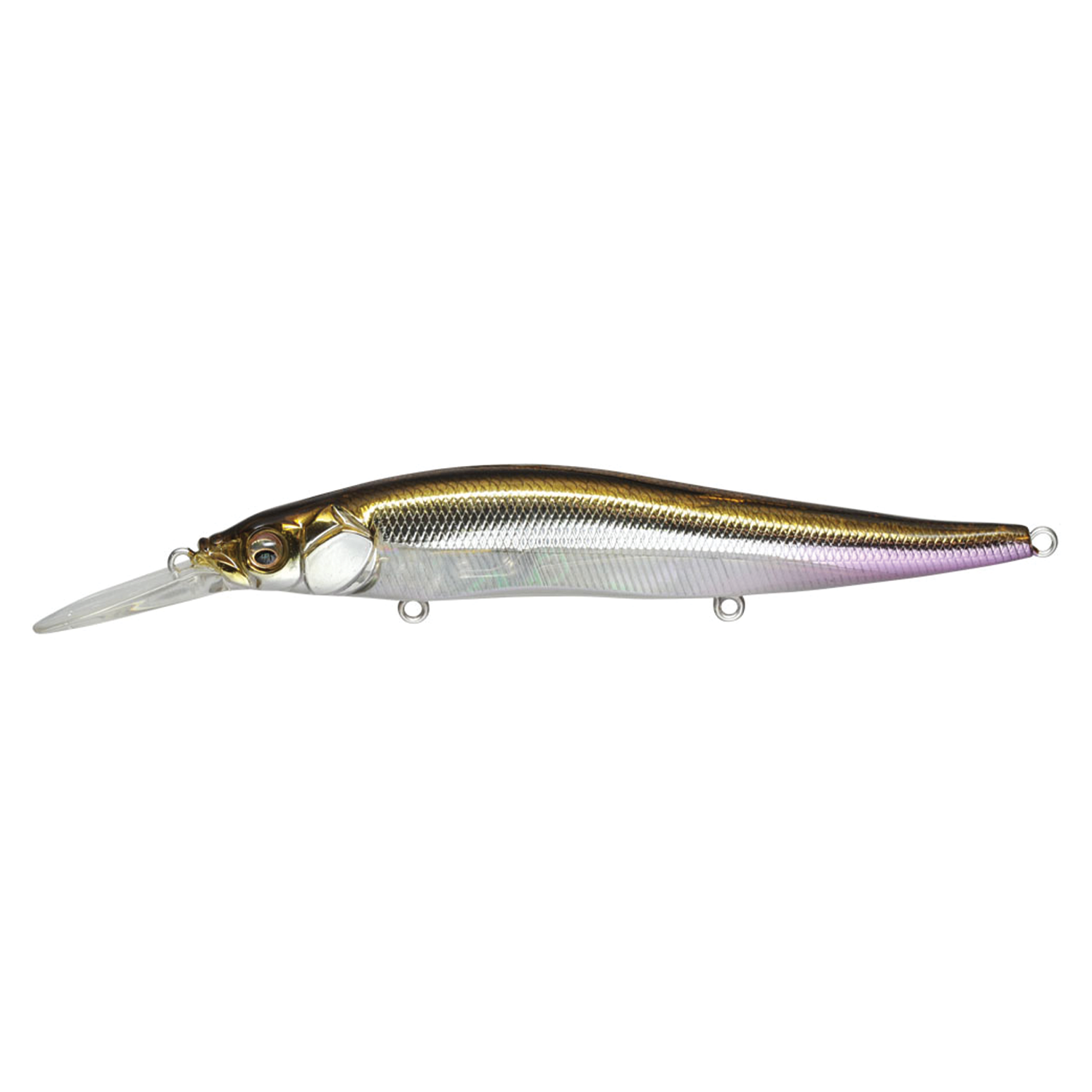 Megabass Vision 110+1 fishing lure with a sleek, fish-shaped body featuring a metallic gold and silver finish and a clear diving lip for deep water fishing.