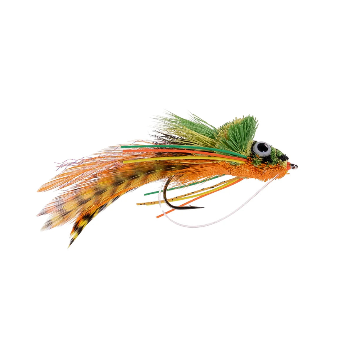Umpqua Swimming Frog fishing lure featuring green, orange, and yellow feathers with realistic eyes, designed for effective fishing tackle in musky and fly fishing.