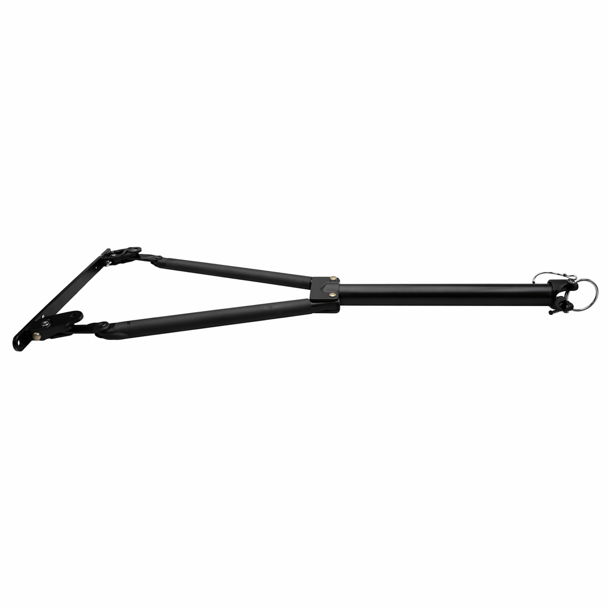 Clam Cinch Hitch, a black adjustable metal device designed for securing fishing gear, featuring a sturdy latch and ring for easy attachment and tight hold.
