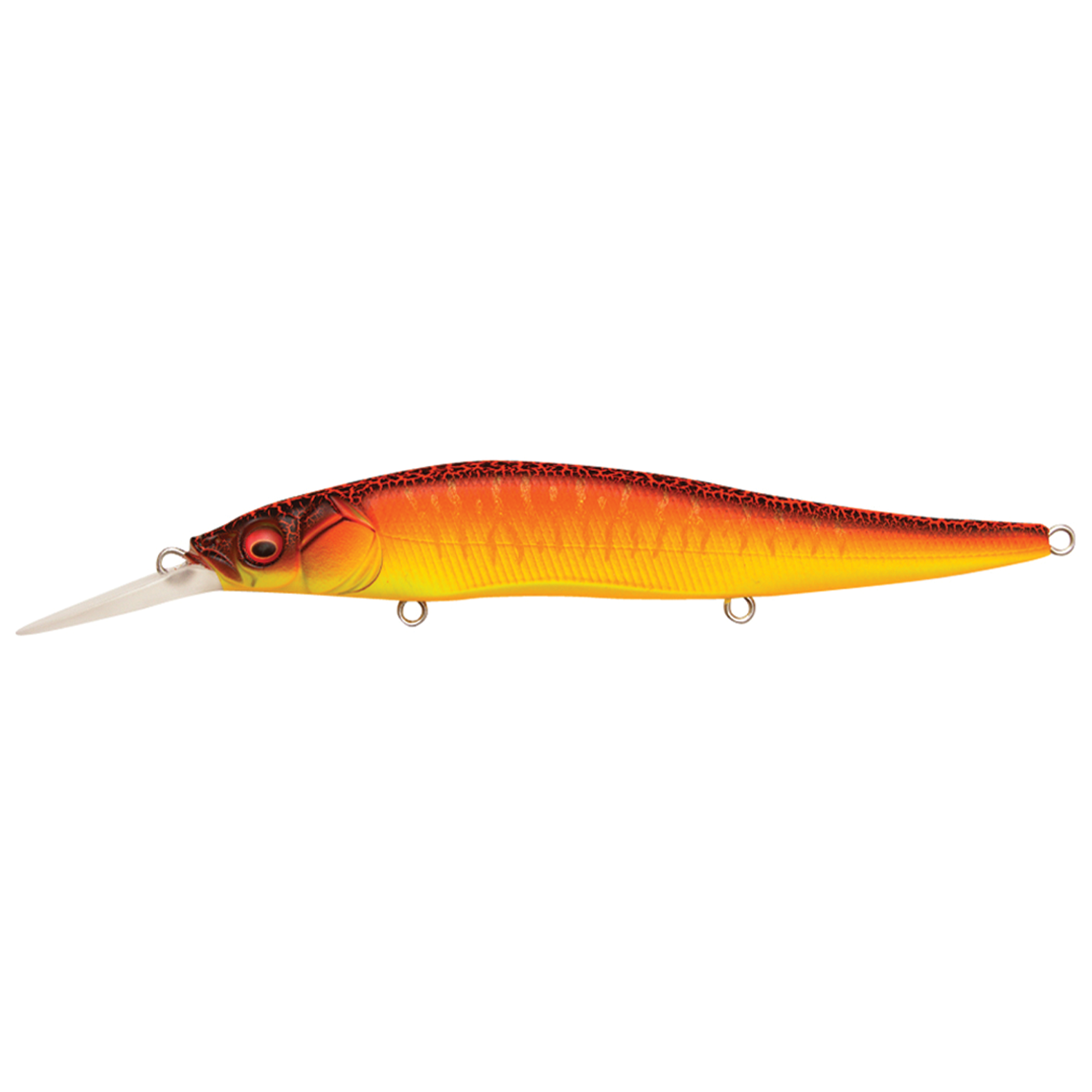 Megabass Vision 110+1 fishing lure in vibrant red and yellow with a long lip for deep diving, designed for freshwater fishing and effective for catching musky.