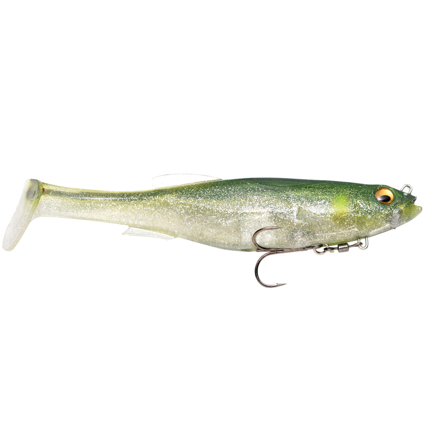 Megabass Magdraft soft fishing lure in green and silver with realistic eyes, paddle tail, and single treble hook, designed for effective musky fishing tackle.