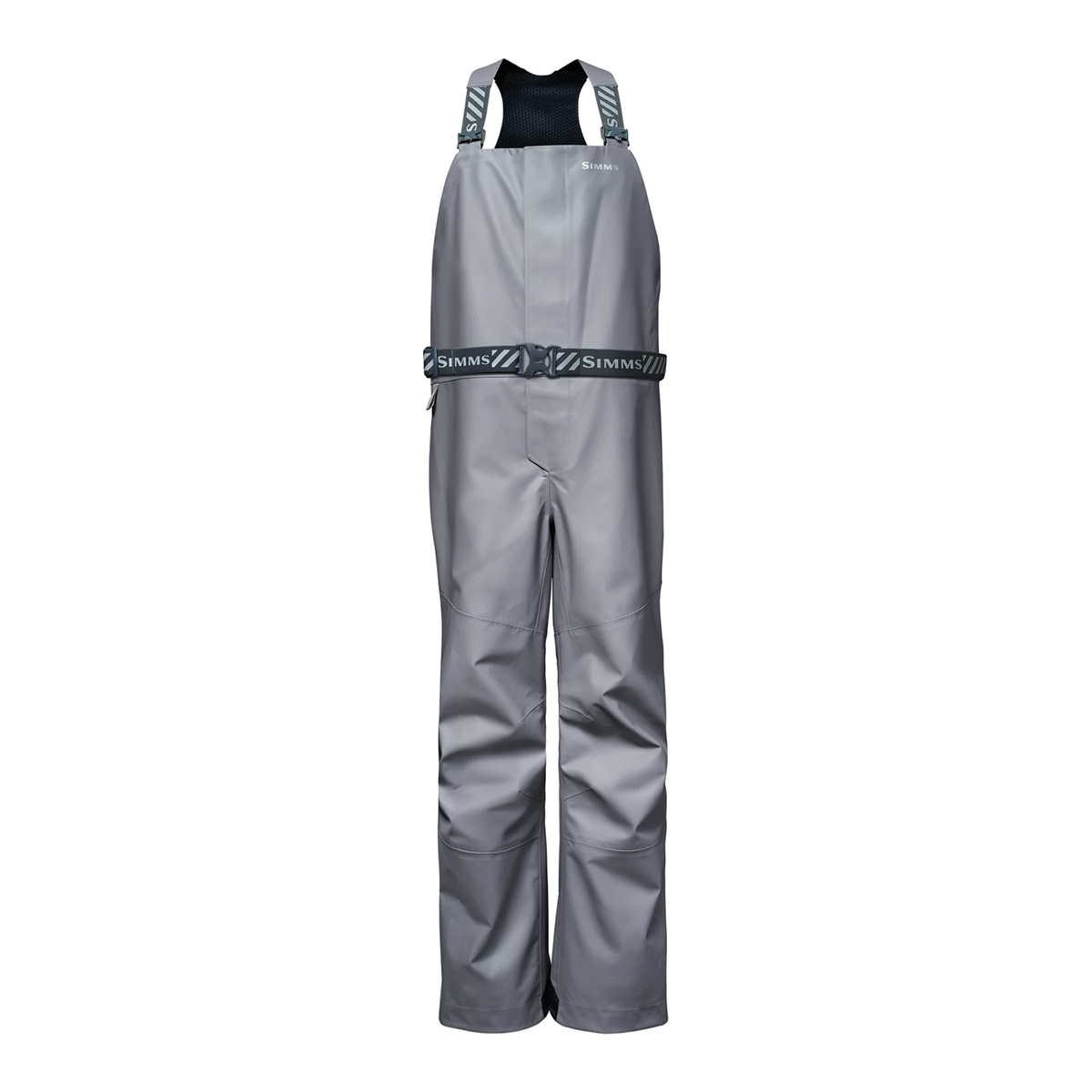 Simms Rip Line Pro Bibs - Men's gray fishing bib pants with adjustable suspenders and reinforced knees shown from the front