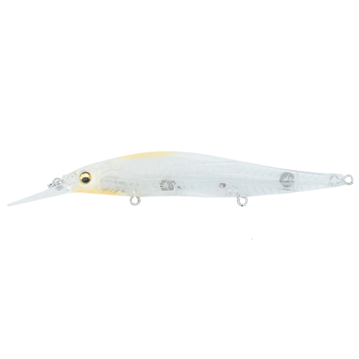 Megabass Vision 110+1 clear translucent fishing lure with detailed fish-like design, featuring a long diving lip and three attachment points for fishing tackle.