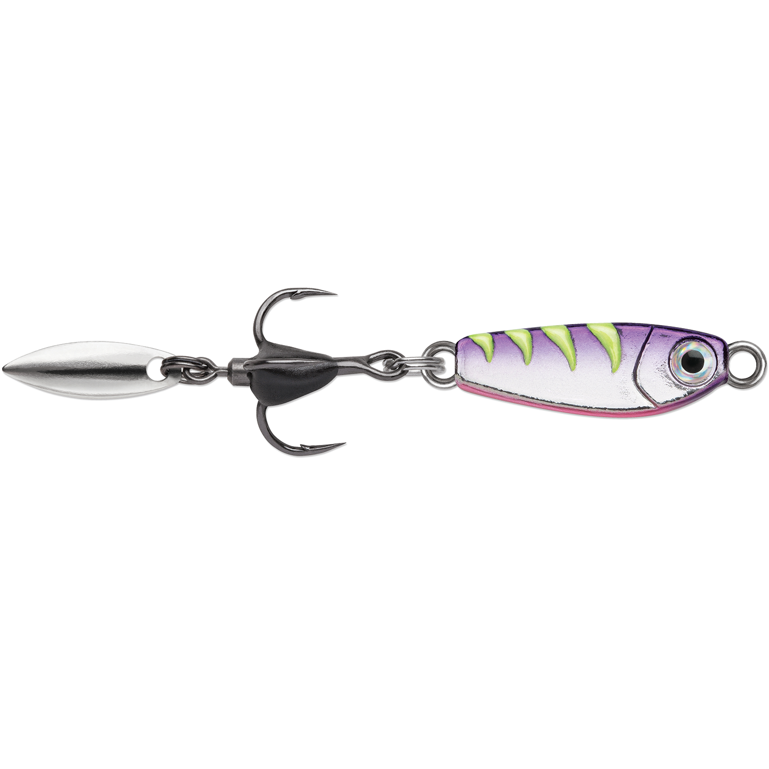 VMC Bladed Bull Spoon featuring a metallic silver blade, a treble hook, and a colorful lure body with purple, pink, and green accents designed for fishing tackle.