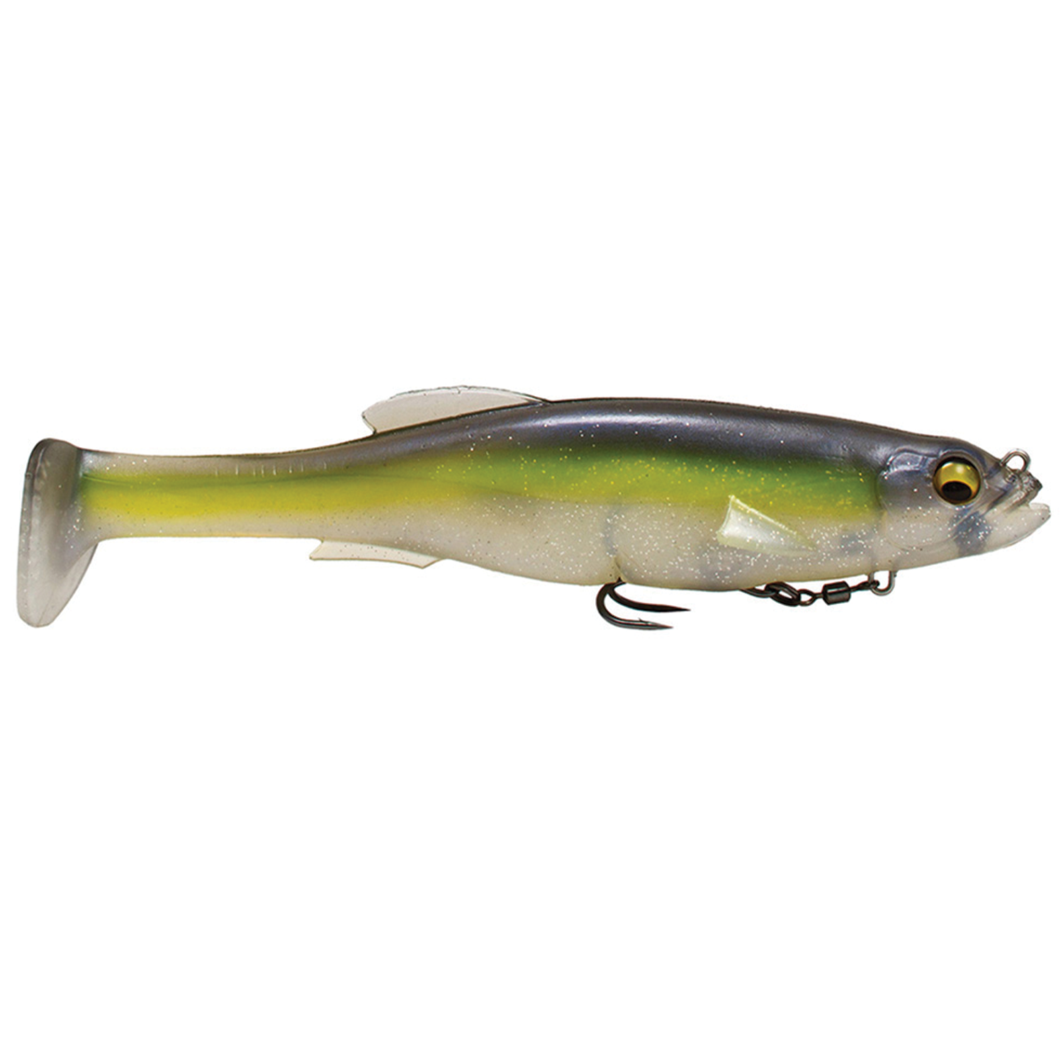Megabass Magdraft soft fishing lure with lifelike fish design in green and yellow, featuring realistic eyes and a treble hook for effective fishing tackle use.