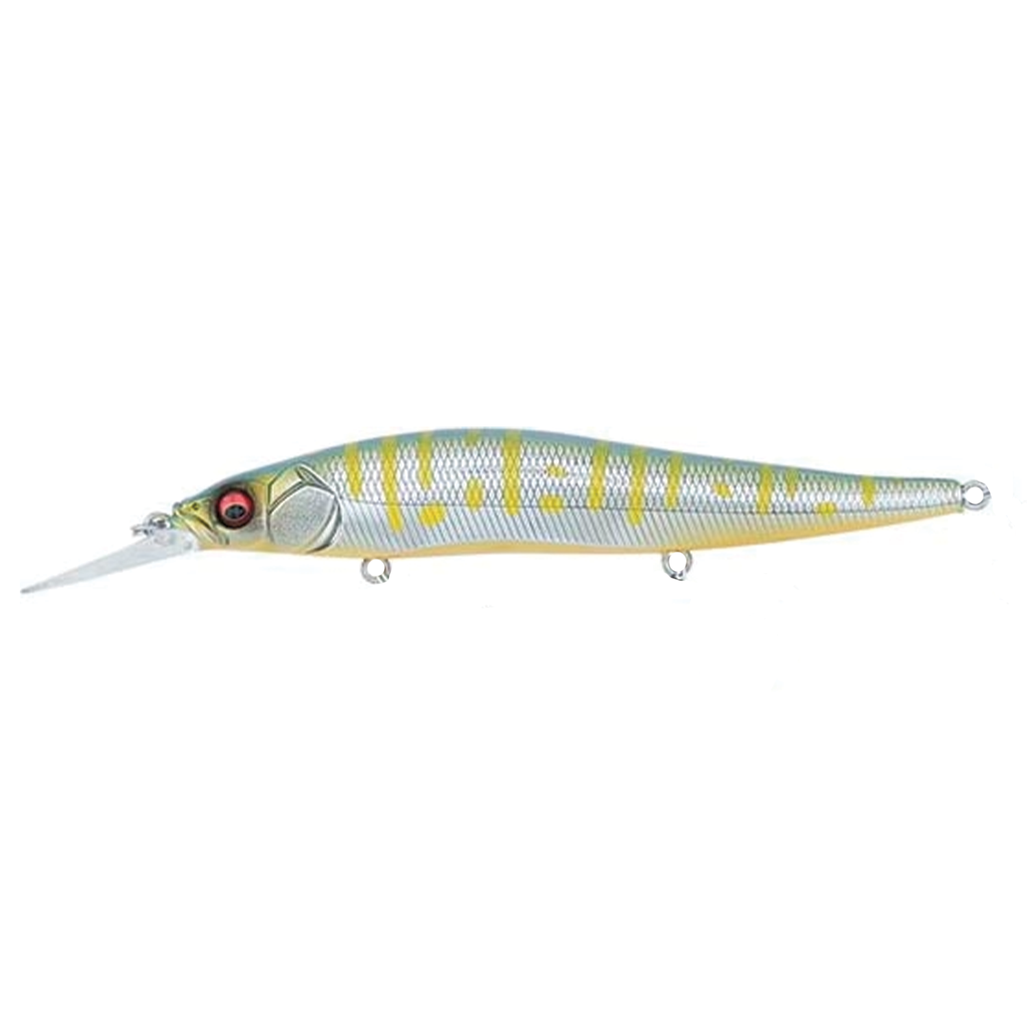 Megabass Vision 110+1 fishing lure in silver and yellow with red eye, designed for precision casting in freshwater fishing tackle collection.