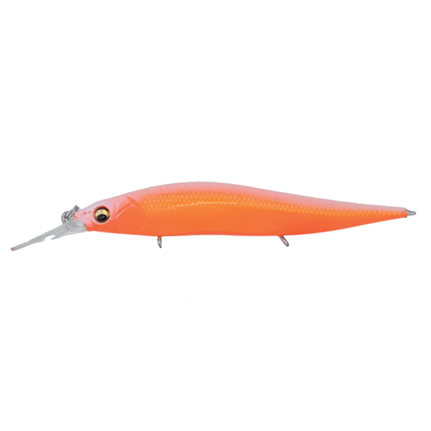 Megabass Vision 110+1 Jr. bright orange fishing lure with a detailed eye design and a clear diving lip, designed for effective fishing tackle use.