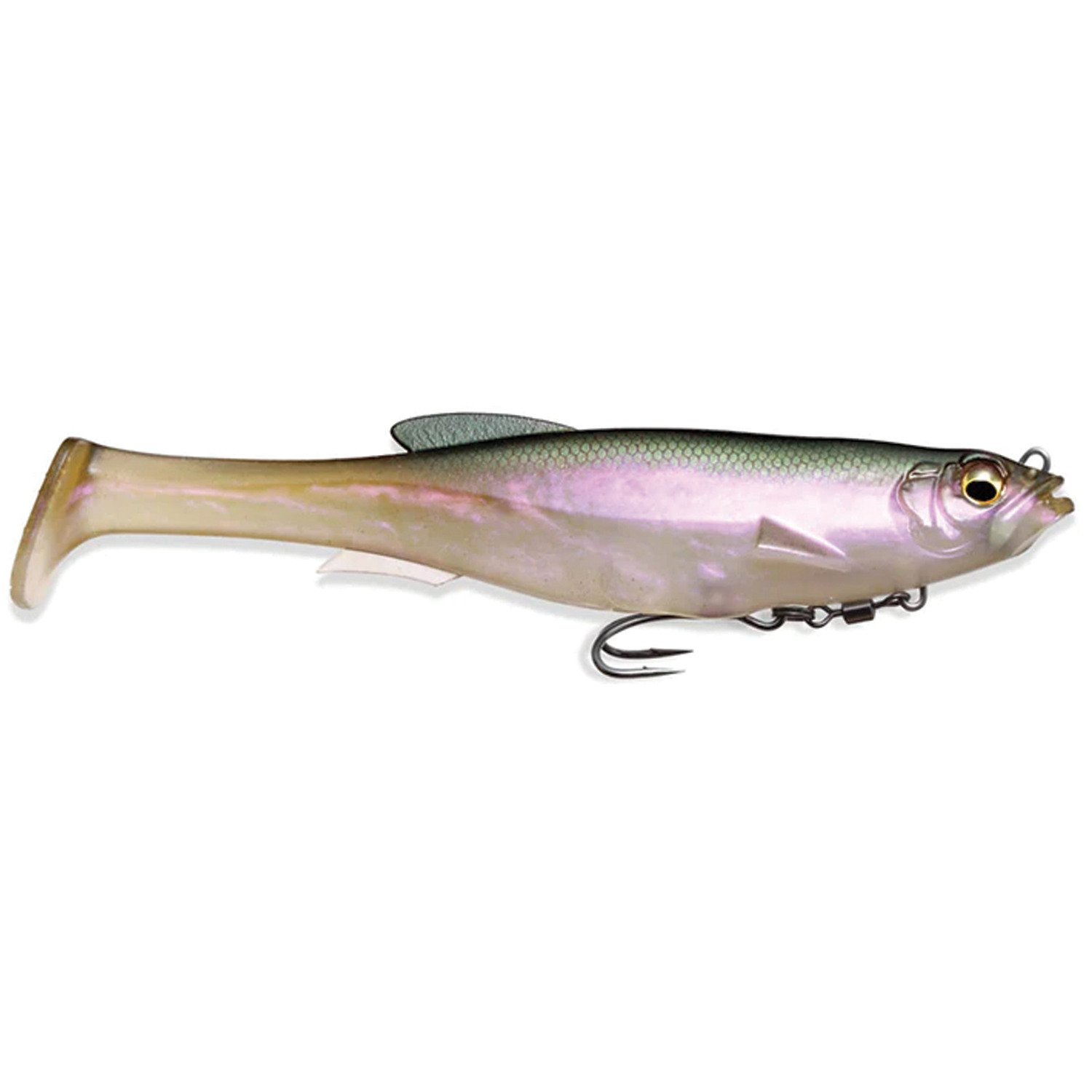 Megabass Magdraft soft fishing lure with realistic fish design, shiny pink and silver body, detailed fins, and a sharp treble hook for effective fishing tackle.