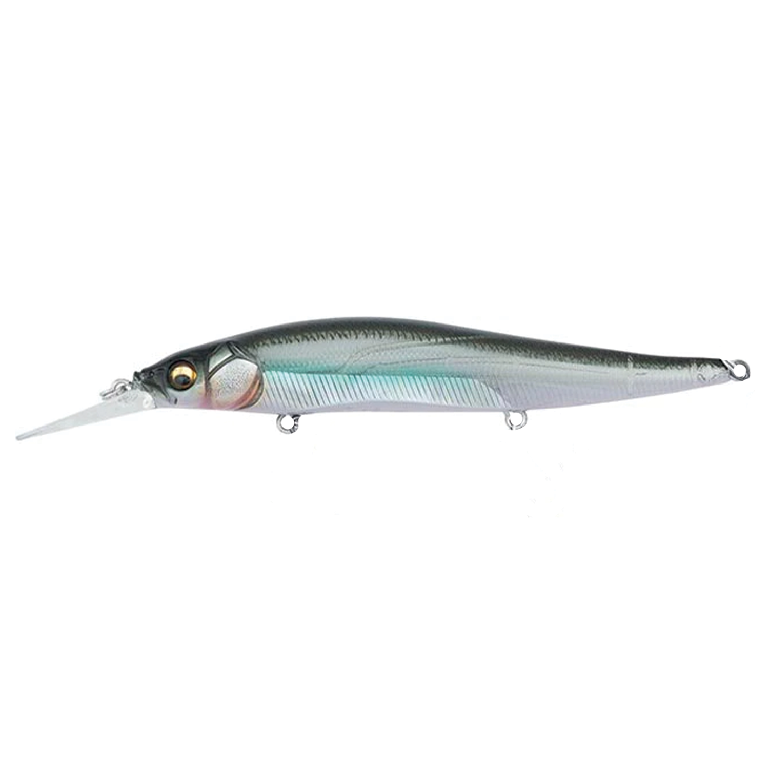 Megabass Vision 110+1 fishing lure designed with a sleek, realistic fish profile, featuring a translucent body with metallic green and silver tones and a clear diving lip for deep water fishing.