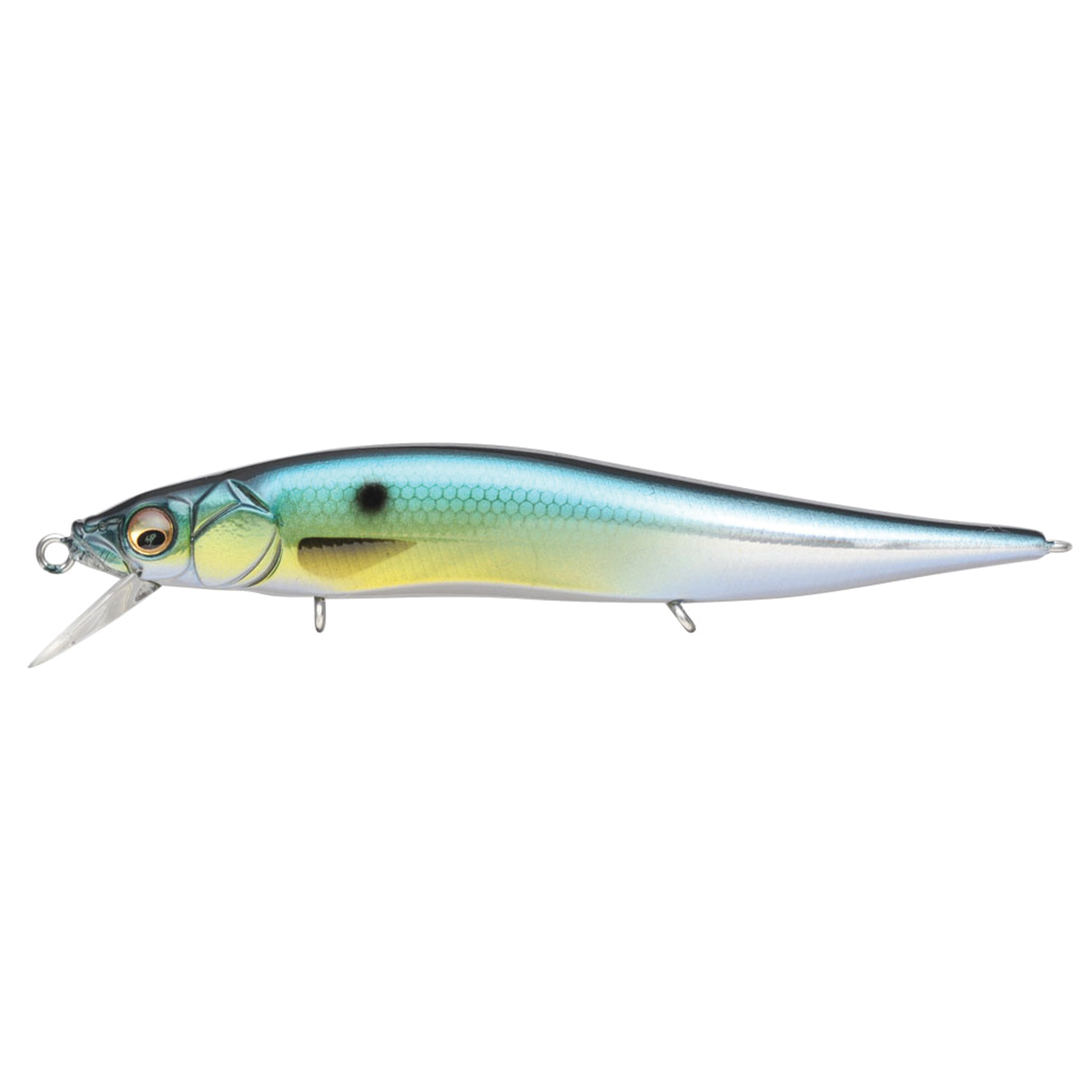 Megabass Vision 110 Jr. fishing lure in blue and yellow with lifelike fish scale pattern, realistic eyes, and a clear diving lip for enhanced fishing tackle performance.