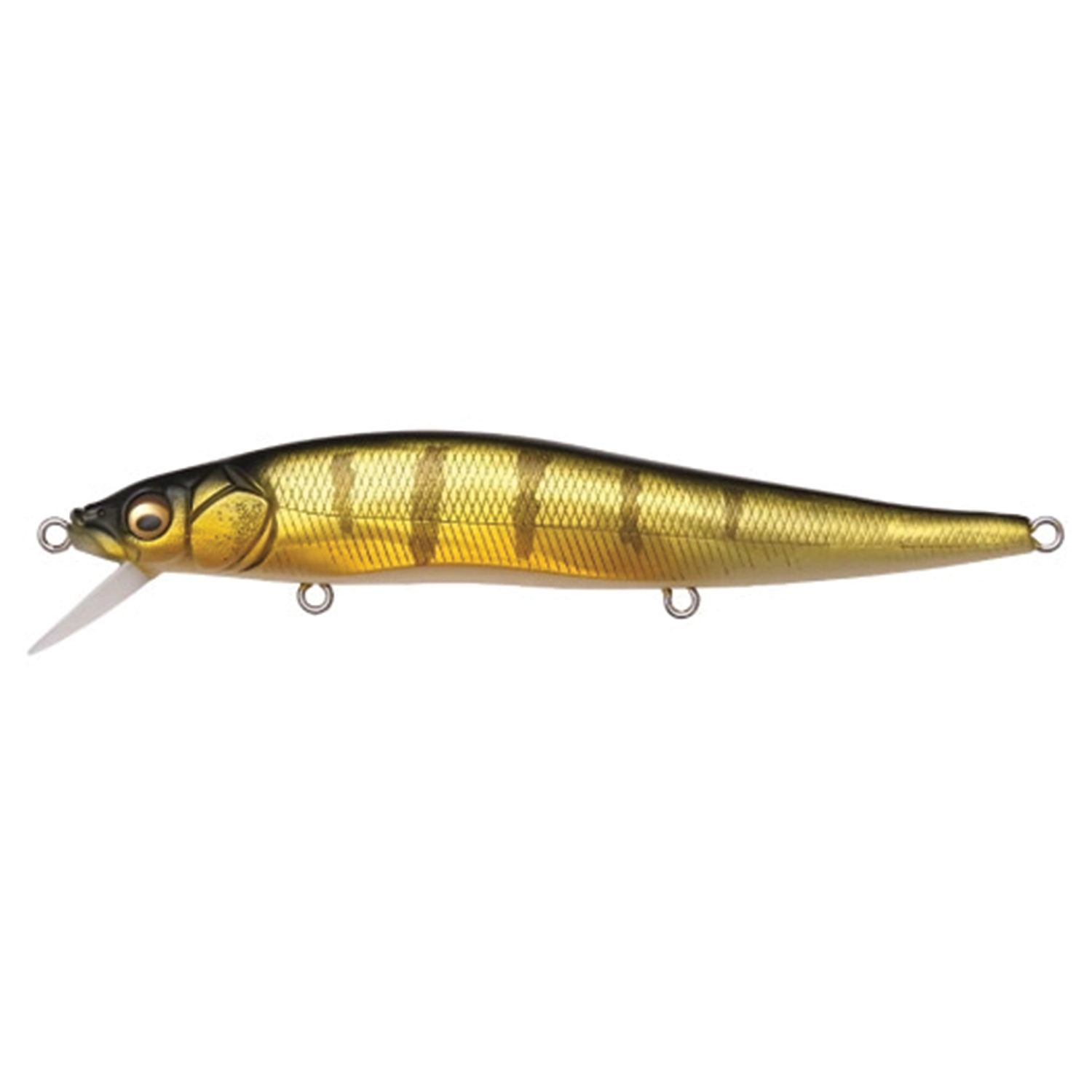 Megabass Vision 110 fishing lure in gold and brown, designed to mimic a small fish with detailed scales and realistic eyes for effective fishing tackle use.