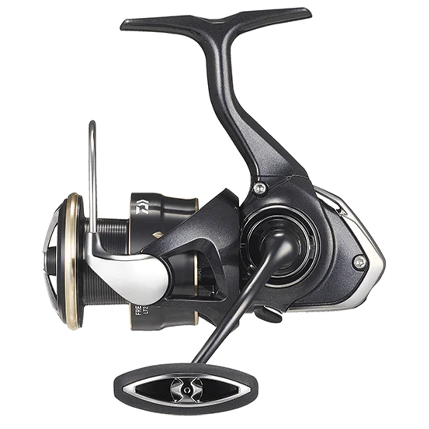 Daiwa Freams LT spinning fishing reel in black and silver with ergonomic handle, designed for smooth casting and durability in fishing tackle applications.