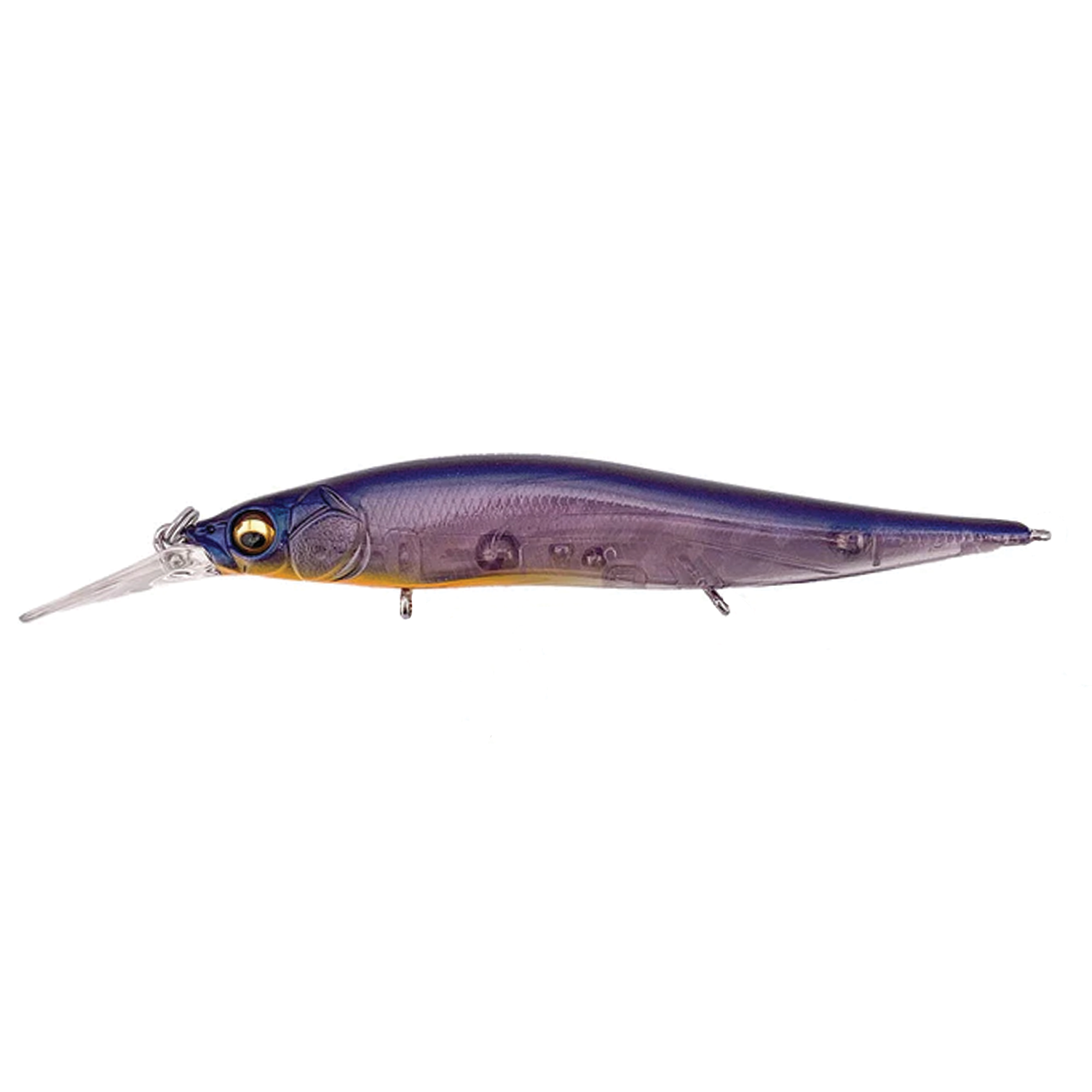 Megabass Vision 110+1 Jr. fishing lure with a sleek, elongated body in blue and purple tones, featuring detailed eyes and a transparent lip for deep water fishing.