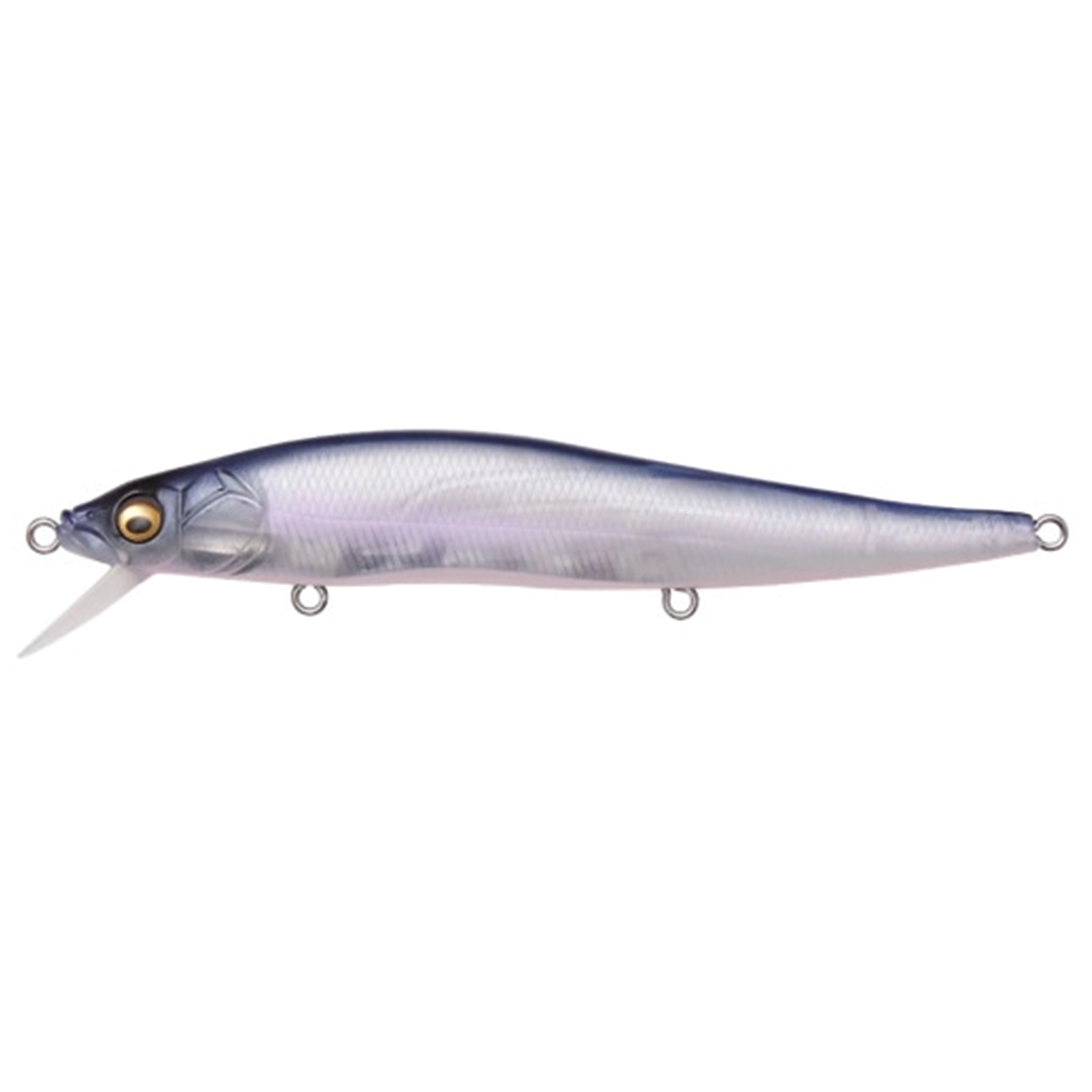 Megabass Vision 110 fishing lure in silver and blue with detailed lifelike eyes and a small diving lip, designed for precision in freshwater fishing tackle.