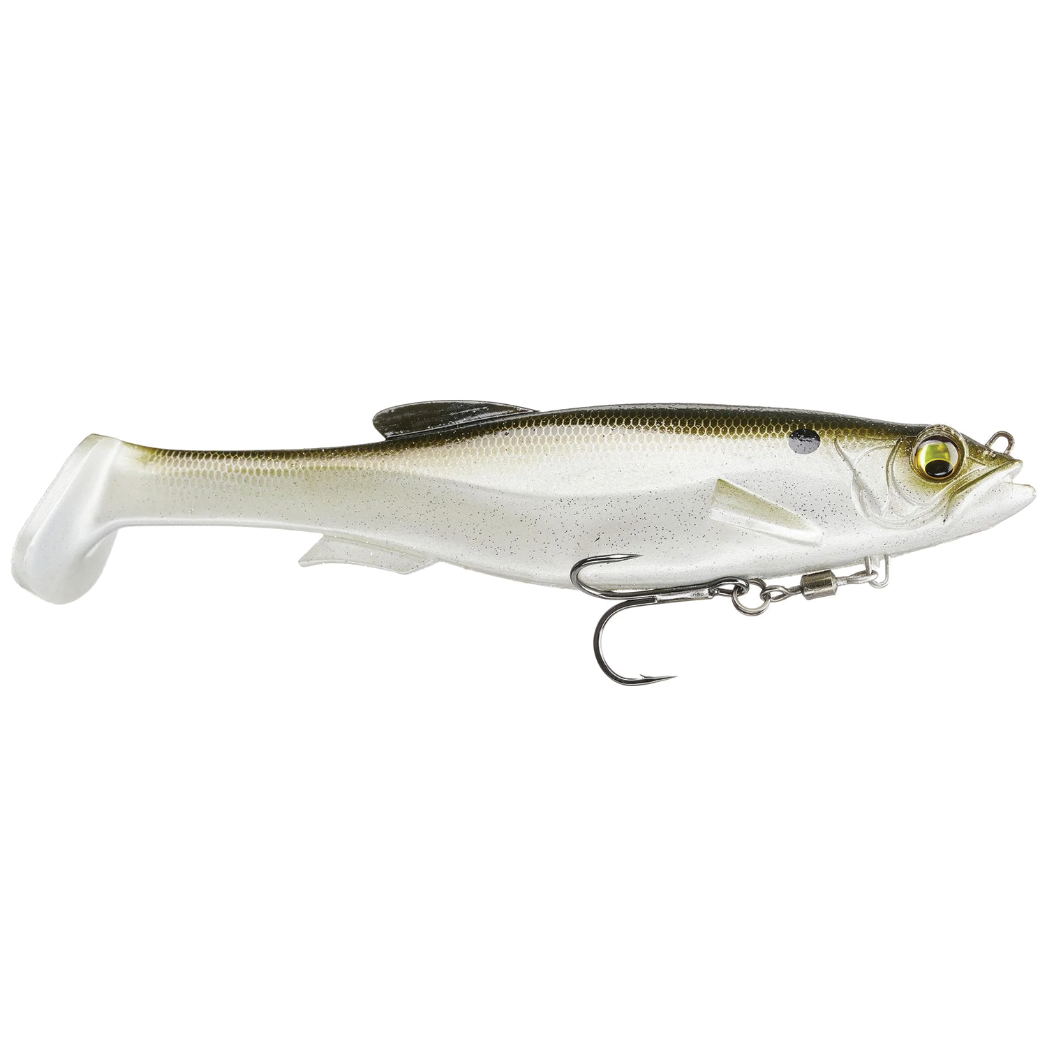 Megabass Magdraft fishing lure designed to mimic a small fish with realistic coloring, detailed fins, and a sharp treble hook for effective fishing tackle use.