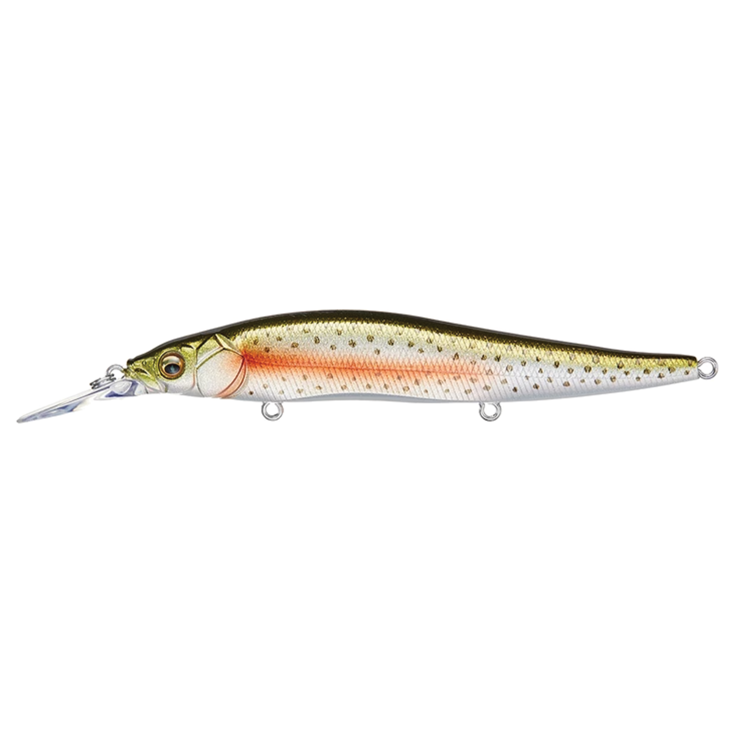 Megabass Vision 110+1 fishing lure with a realistic fish design in shades of green, orange, and silver, featuring multiple attachment points and a clear diving lip for effective fishing.