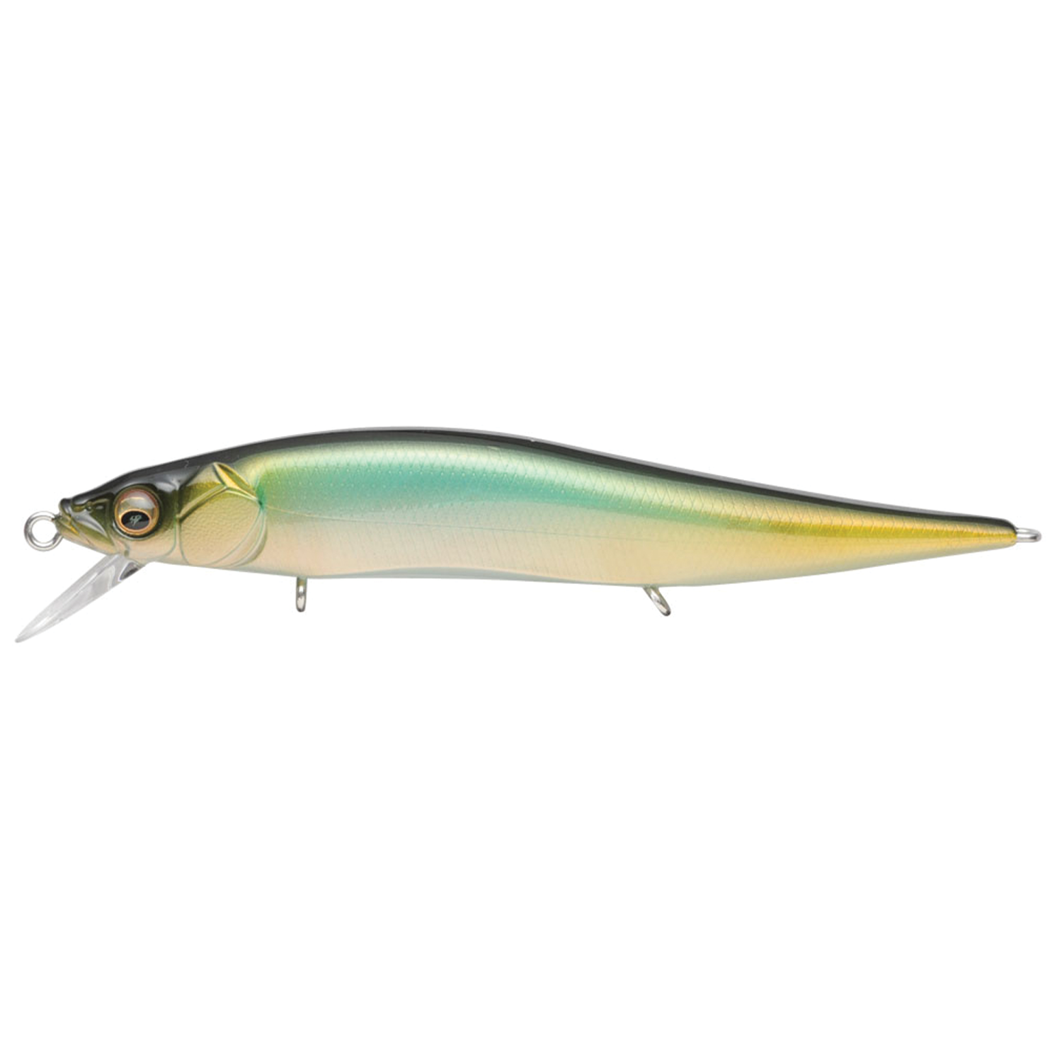 Megabass Vision 110 Jr. fishing lure with a streamlined body in green and gold tones, featuring realistic fish eyes and a clear diving lip for underwater action.