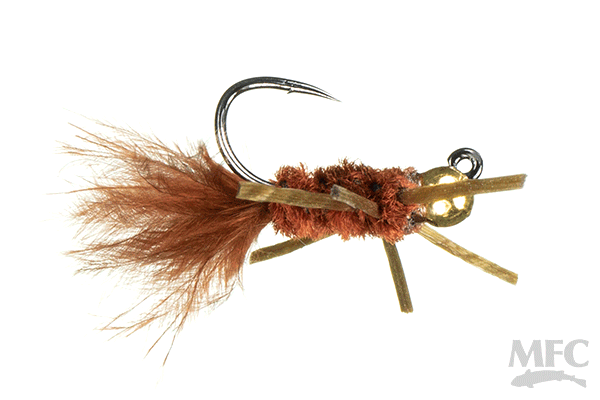 Close-up of a T.J. Hooker fishing lure featuring a sharp metal hook, brown feather tail, textured body, and flexible leg-like appendages designed for musky and fly fishing tackle.