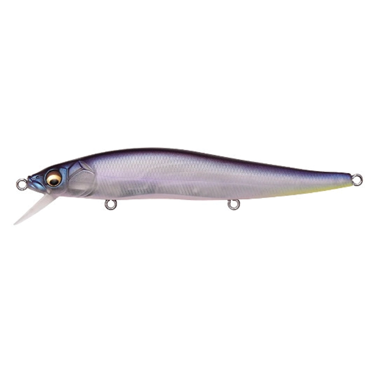 Megabass Vision 110 fishing lure with a sleek, elongated body in shades of purple and silver, designed for precision and effective casting in fishing tackle collections.