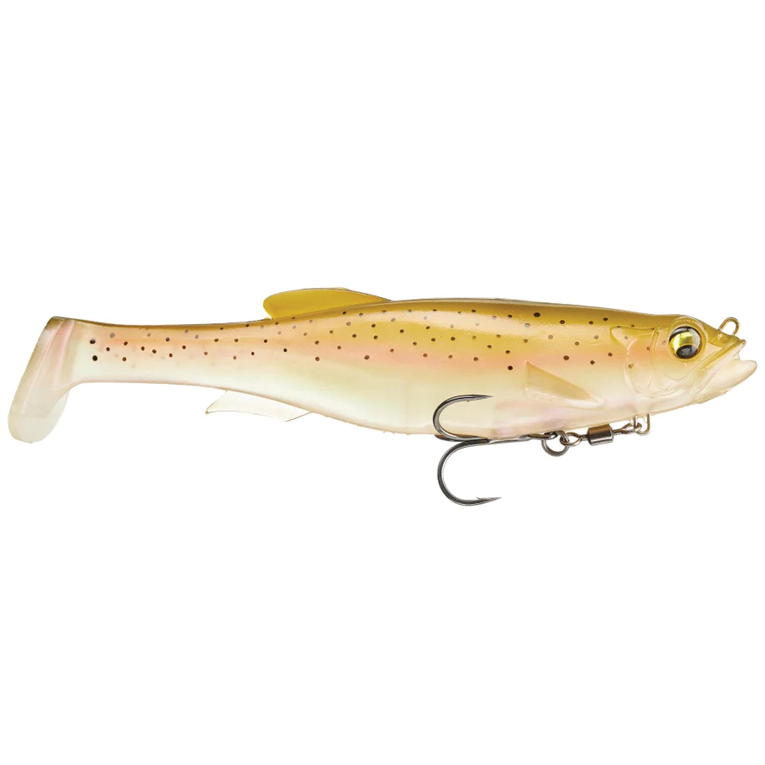 Megabass Magdraft soft fishing lure designed to mimic a small baitfish, featuring a lifelike yellow and pink body with black speckles and a sharp treble hook for effective musky tackle.
