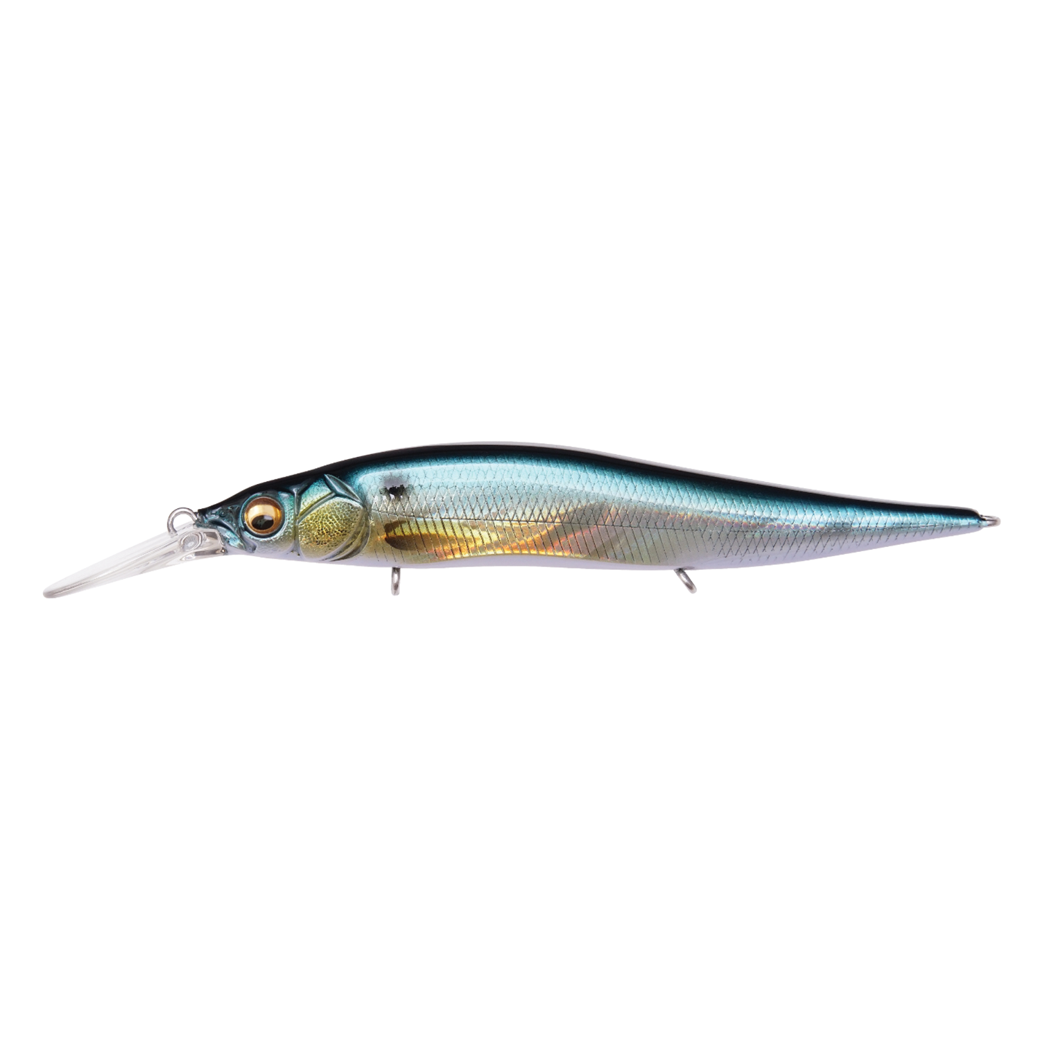 Megabass Vision 110+1 Jr. fishing lure with realistic blue and silver scale pattern, detailed eyes, and long clear lip for deep water fishing.