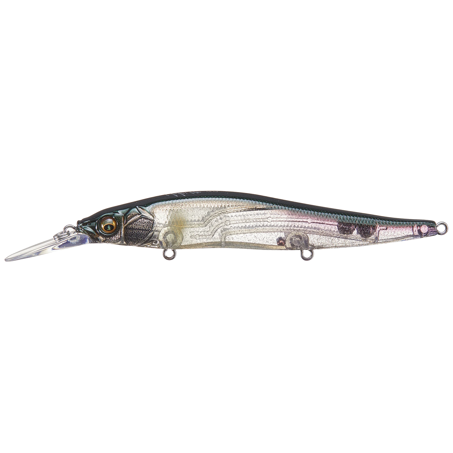 Megabass Vision 110+1 fishing lure in natural fish pattern with detailed body, realistic eye, and clear diving lip designed for effective musky fishing tackle use.